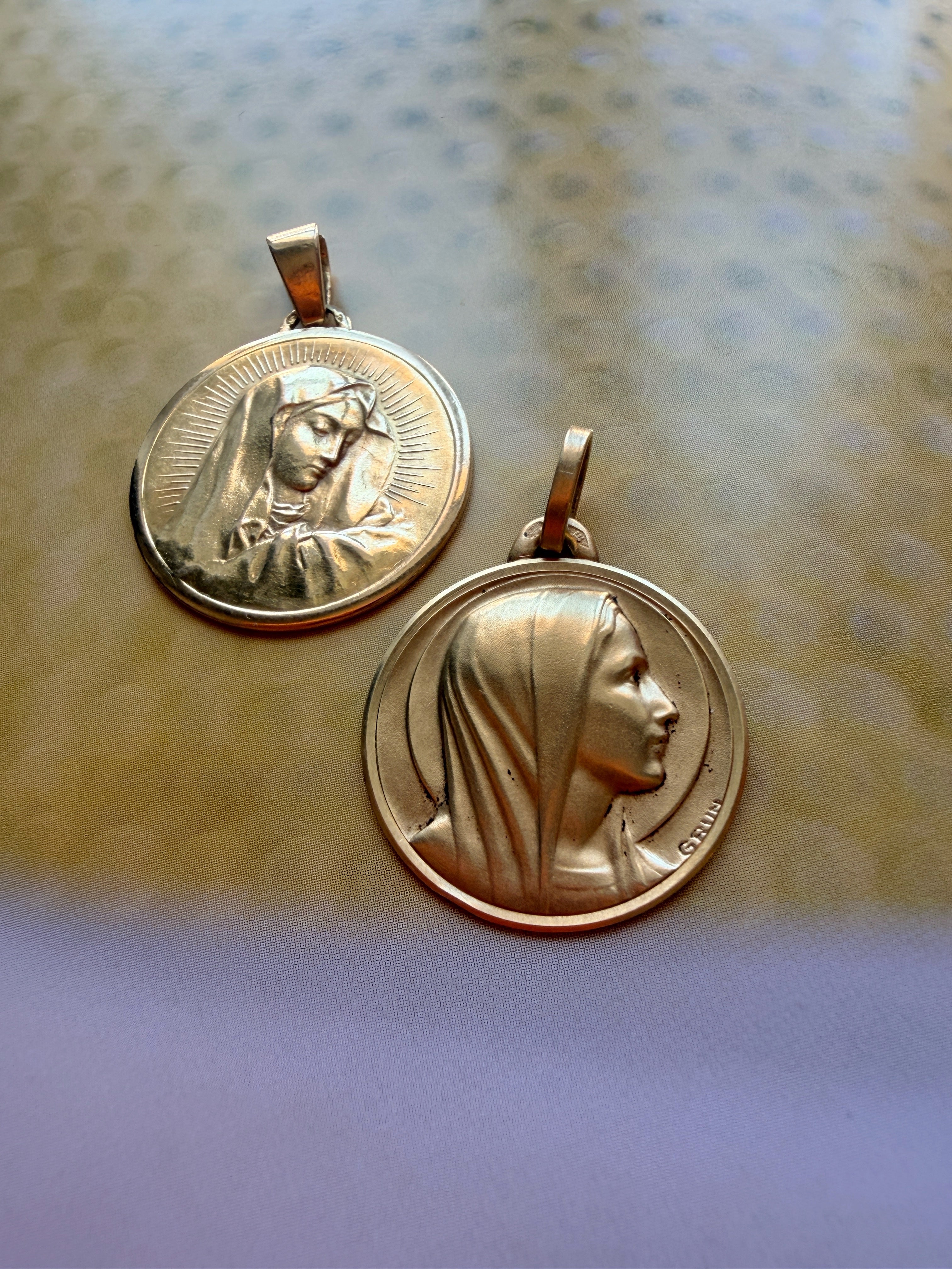 French antique 18K gold Virgin Mary medal pendant signed by GRUN