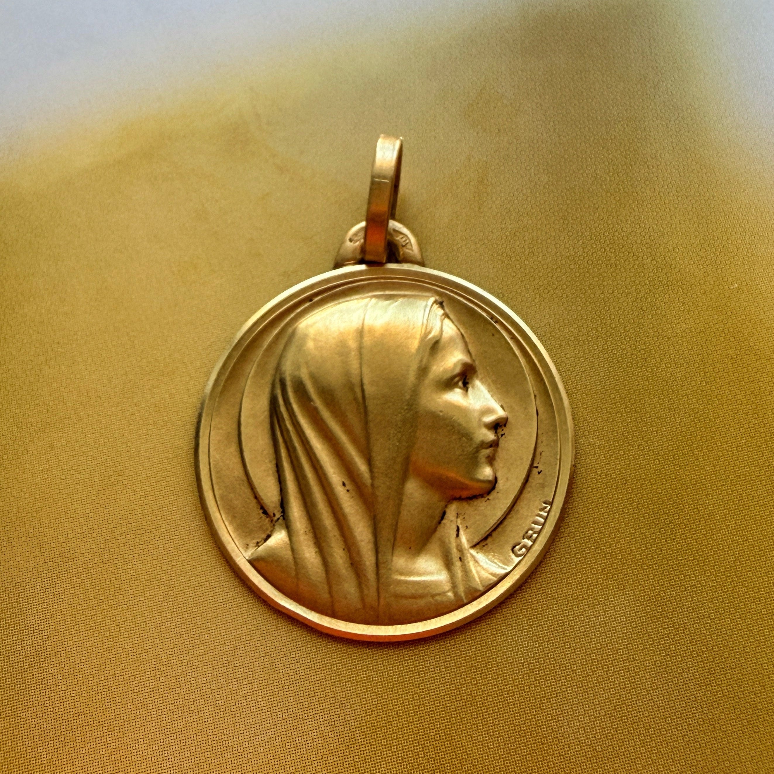 French antique 18K gold Virgin Mary medal pendant signed by GRUN