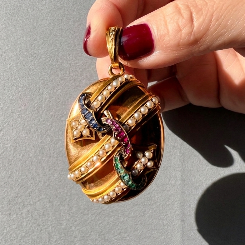Victorian large 18K gold gemstone arrow locket pendant