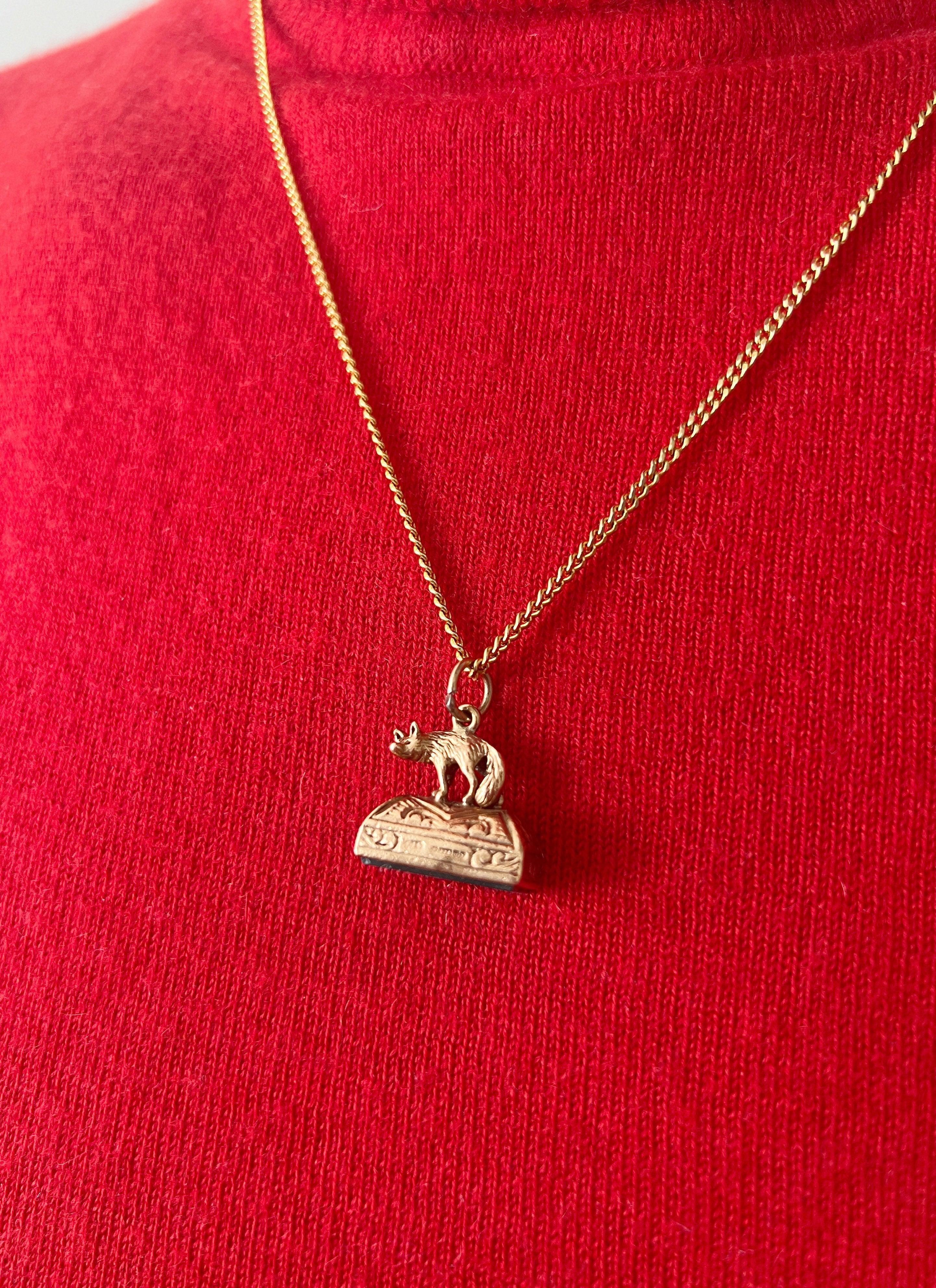 Antique 9K gold bloodstone fox fob pendant - Curiously timeless