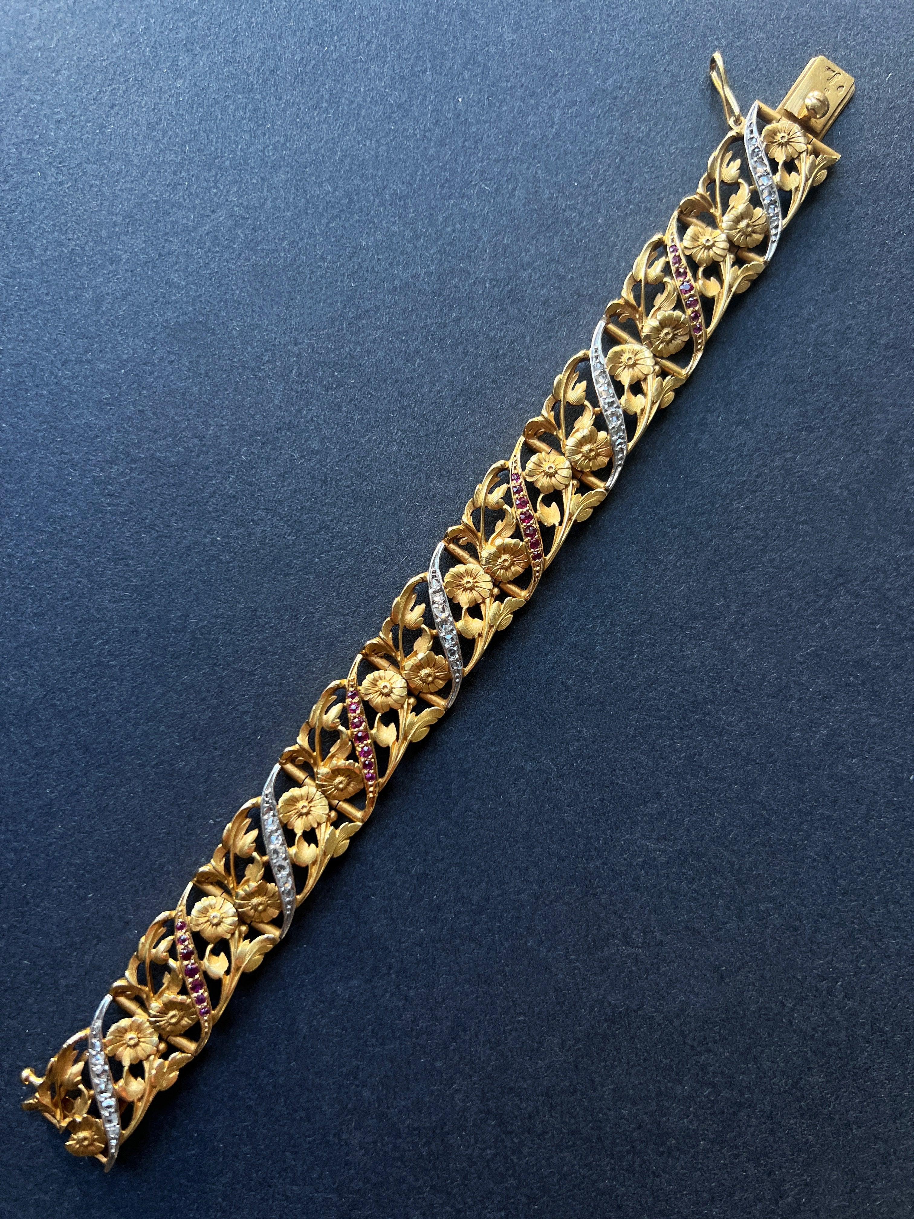 Last payment reserved for R - Museum quality French Art Nouveau 18K gold diamond ruby flower bracelet