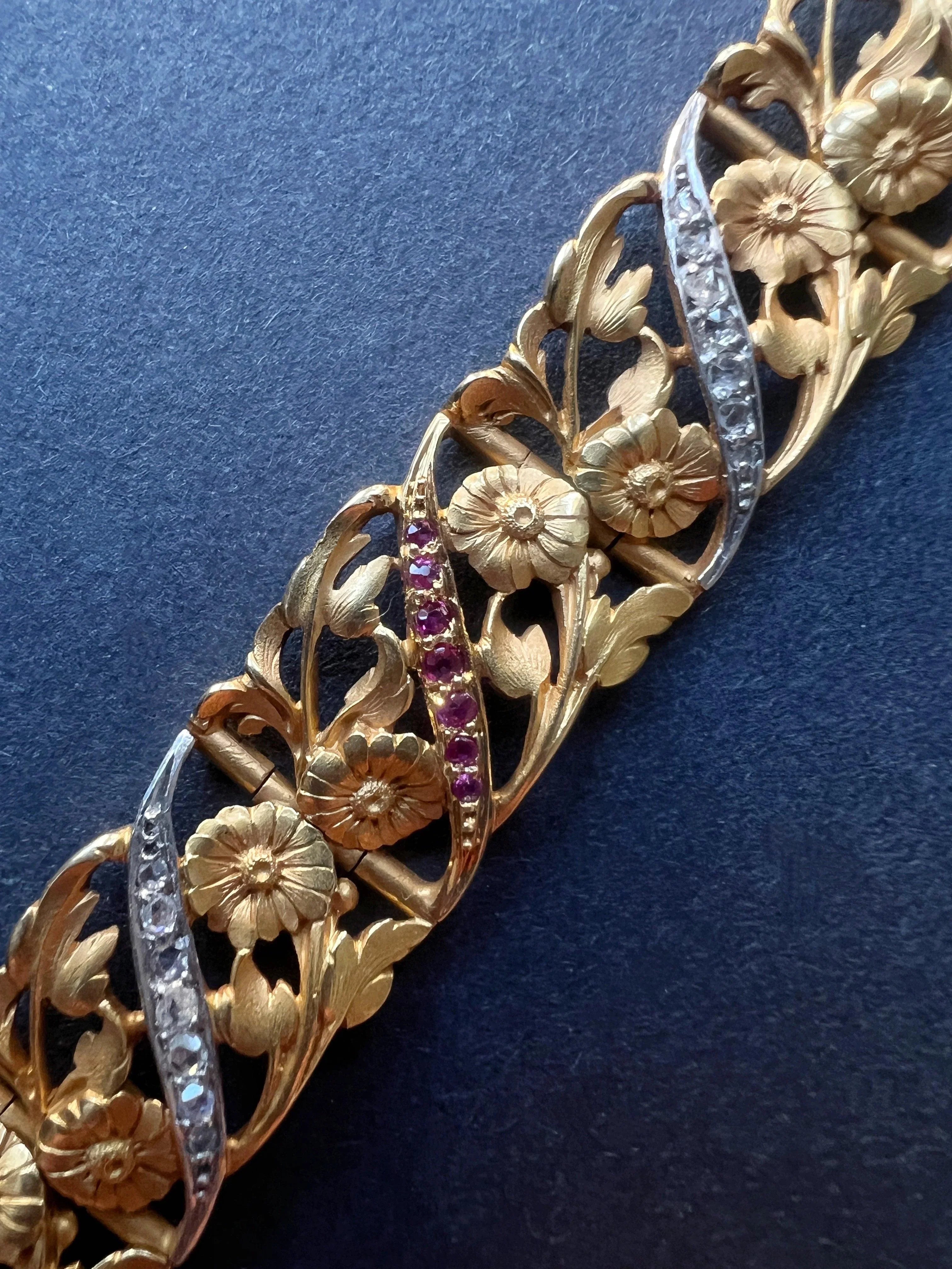 Museum quality French Art Nouveau 18K gold diamond ruby flower bracelet