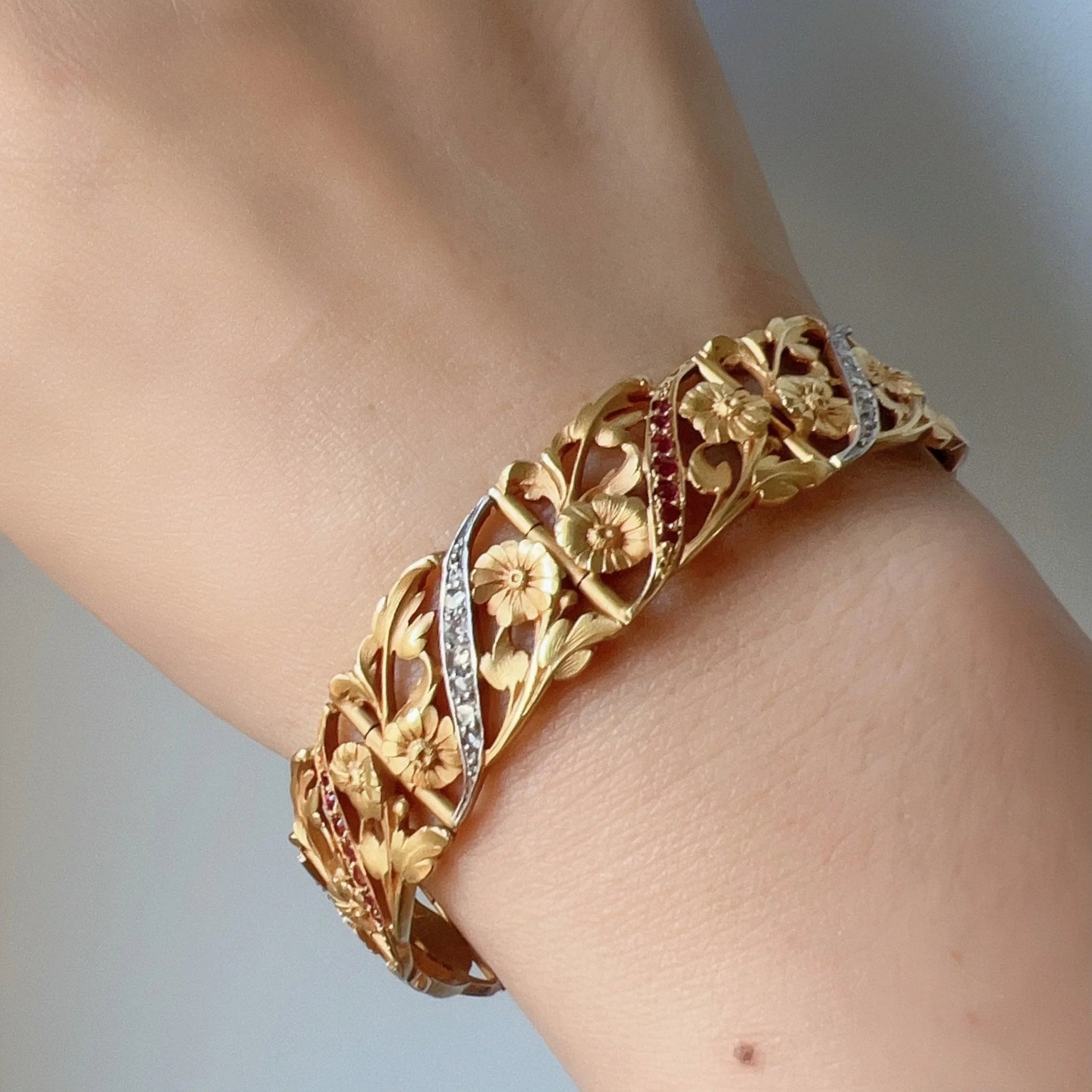 Last payment reserved for R - Museum quality French Art Nouveau 18K gold diamond ruby flower bracelet
