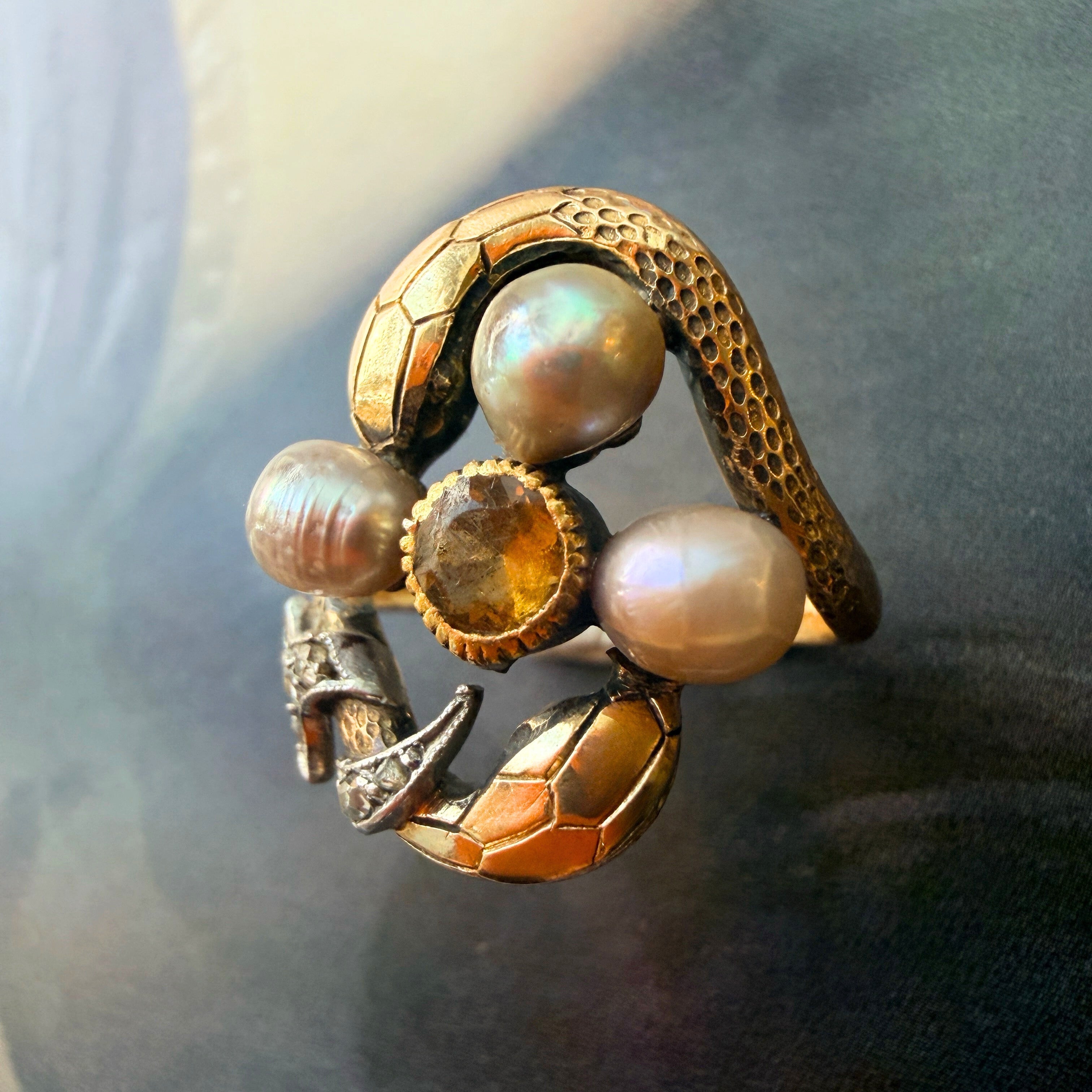 Victorian era 18K gold LFG certified natural pearl snake ring