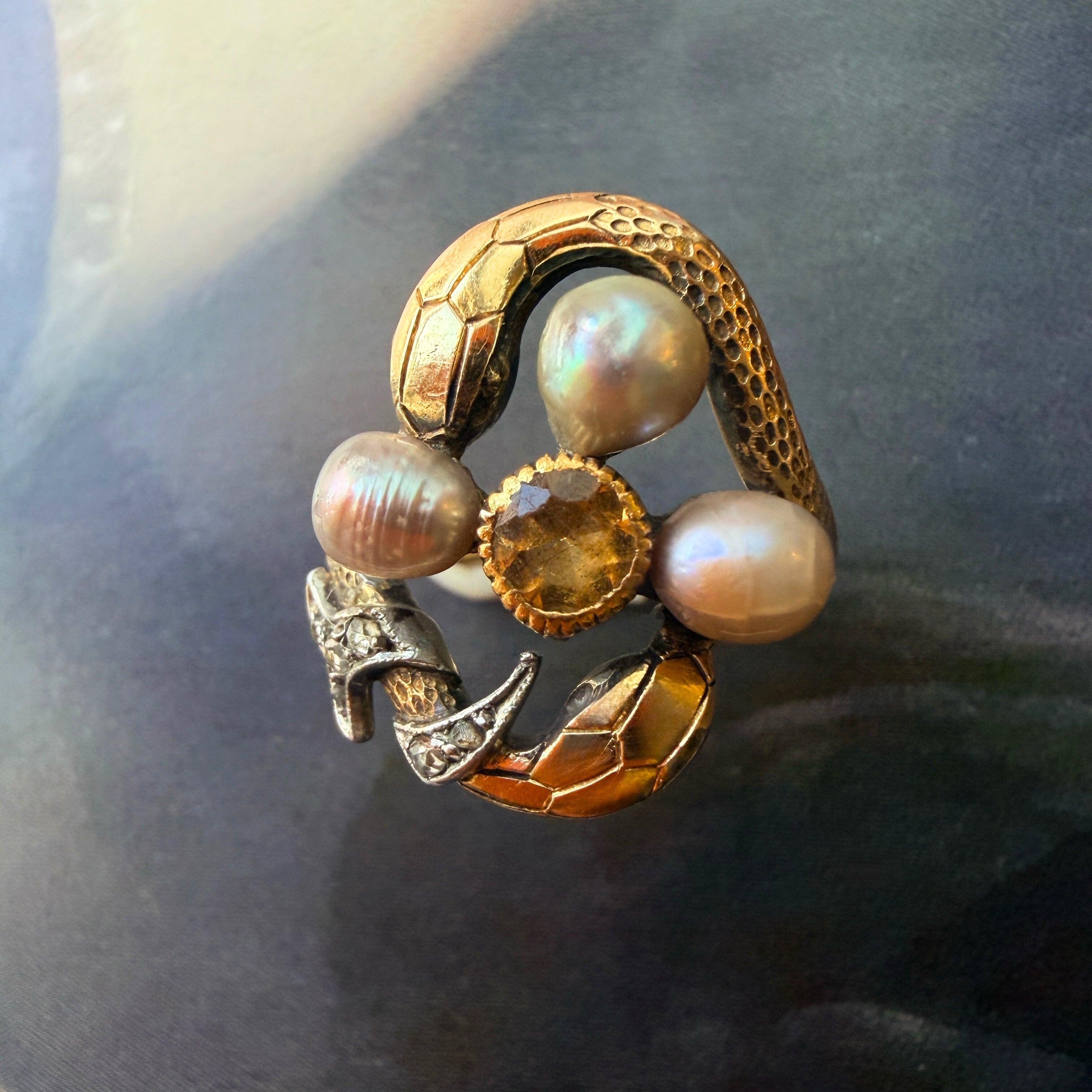 Victorian era 18K gold LFG certified natural pearl snake ring