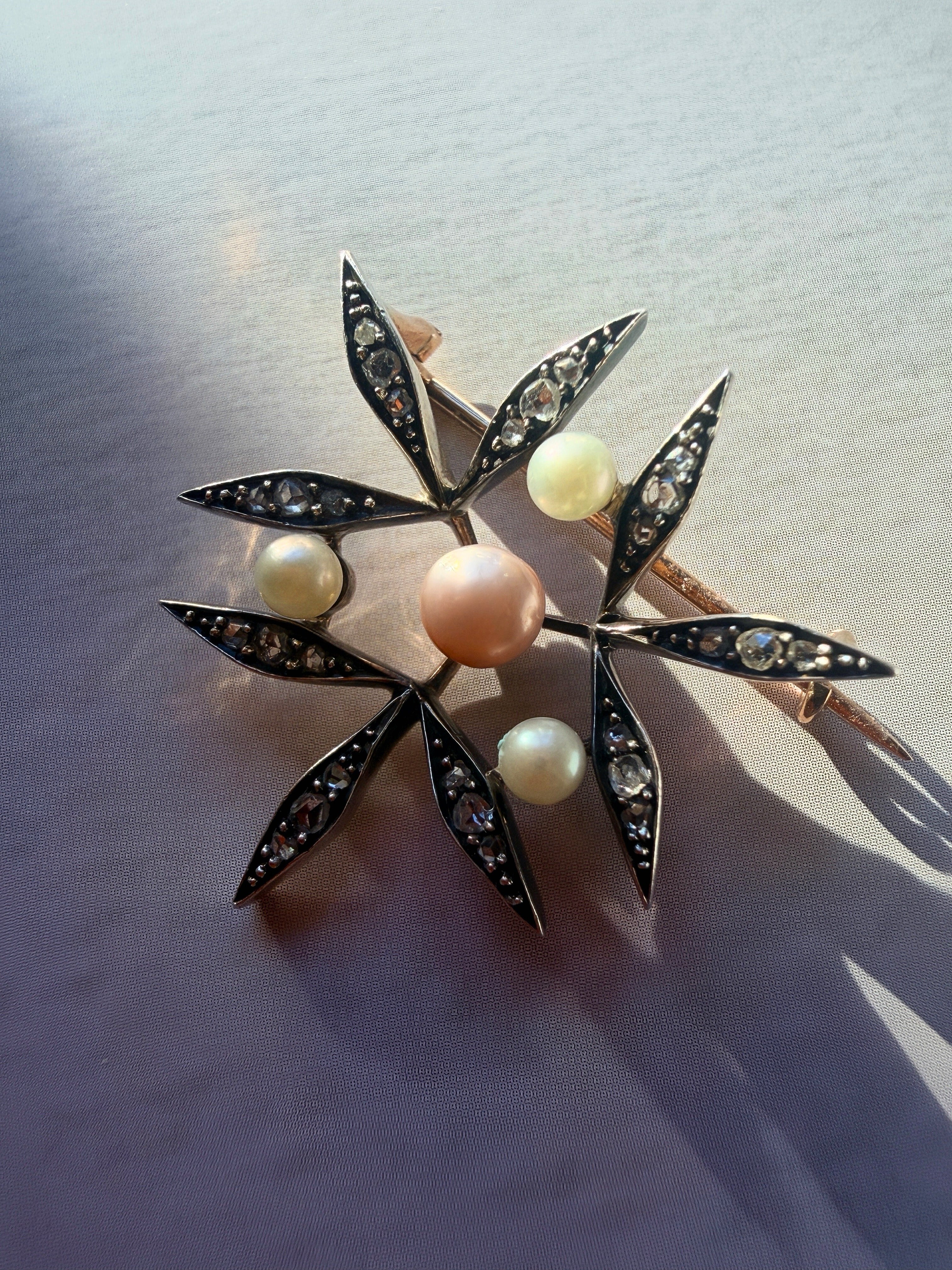 Victorian era certified natural pearl diamond brooch