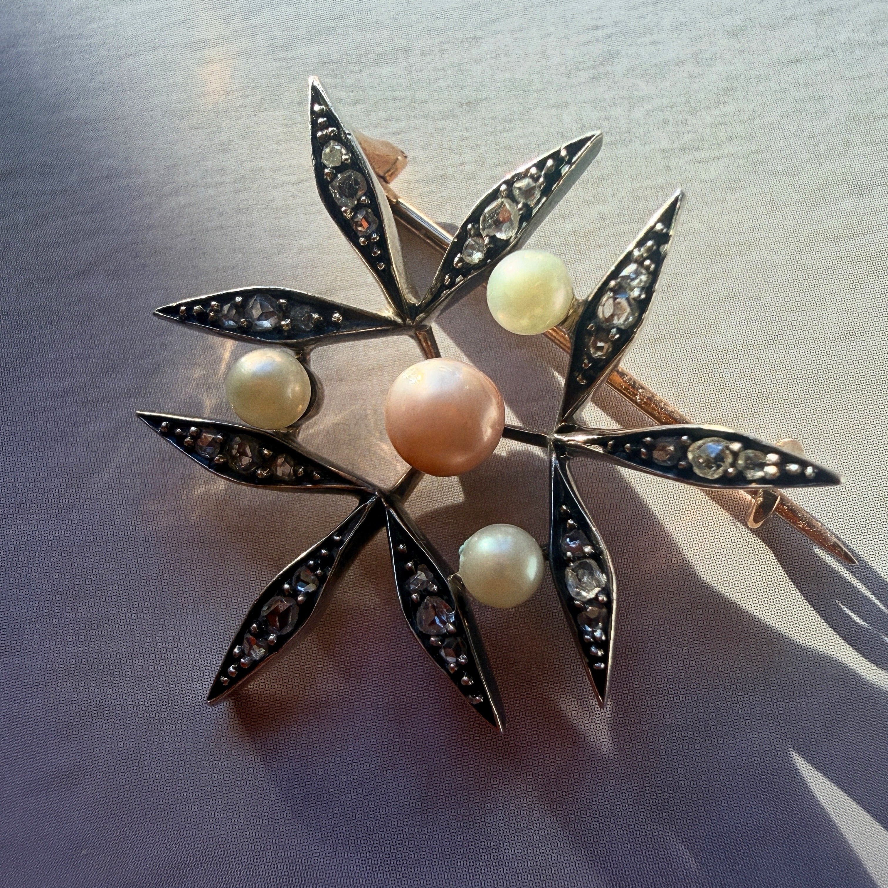 Victorian era certified natural pearl diamond brooch