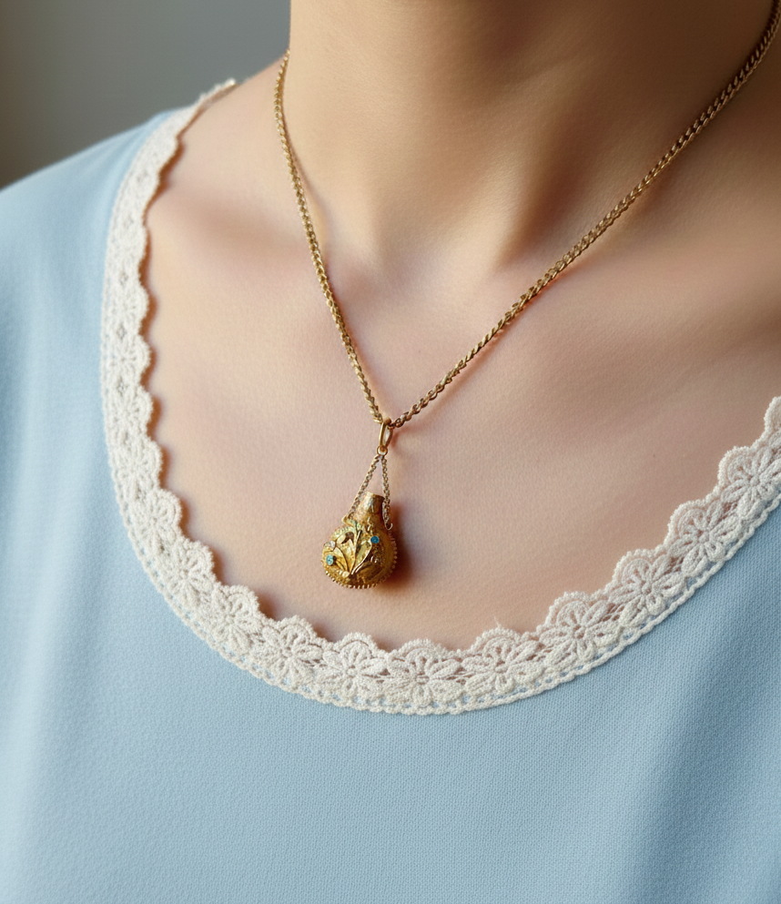 Antique 18K gold flower scent bottle pendant