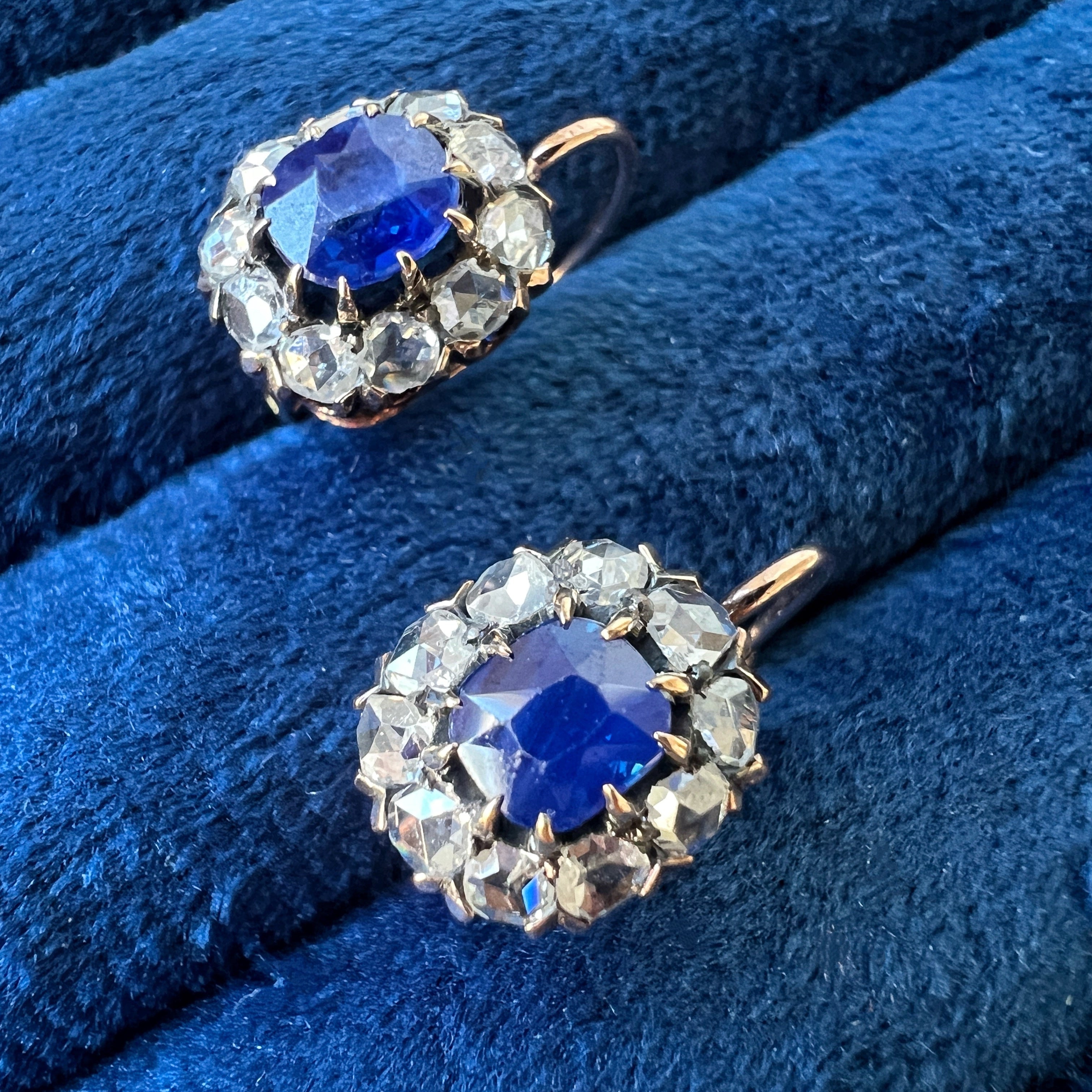 14k gold rose cut diamond and blue sapphires earrings