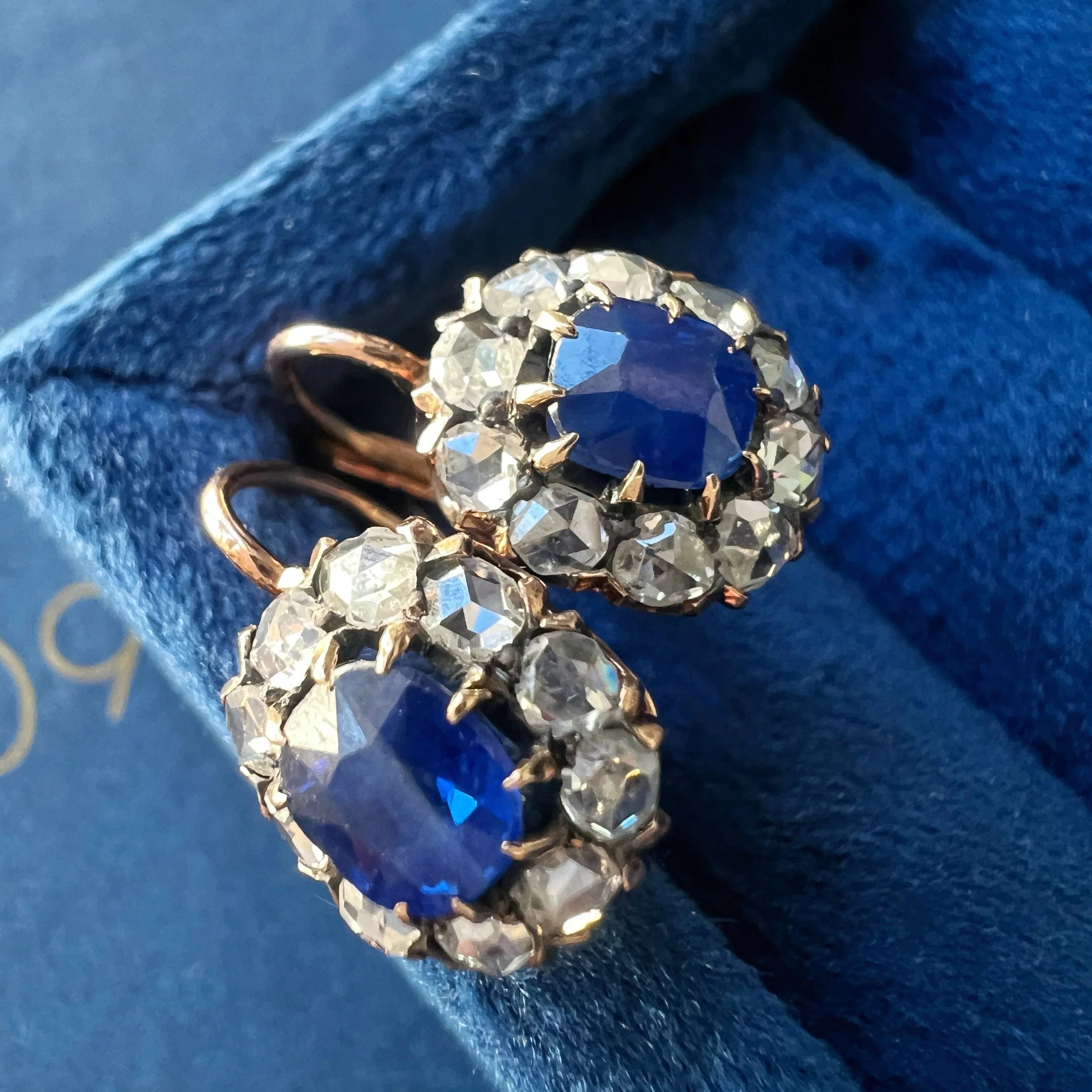 14k gold rose cut diamond and blue sapphires earrings