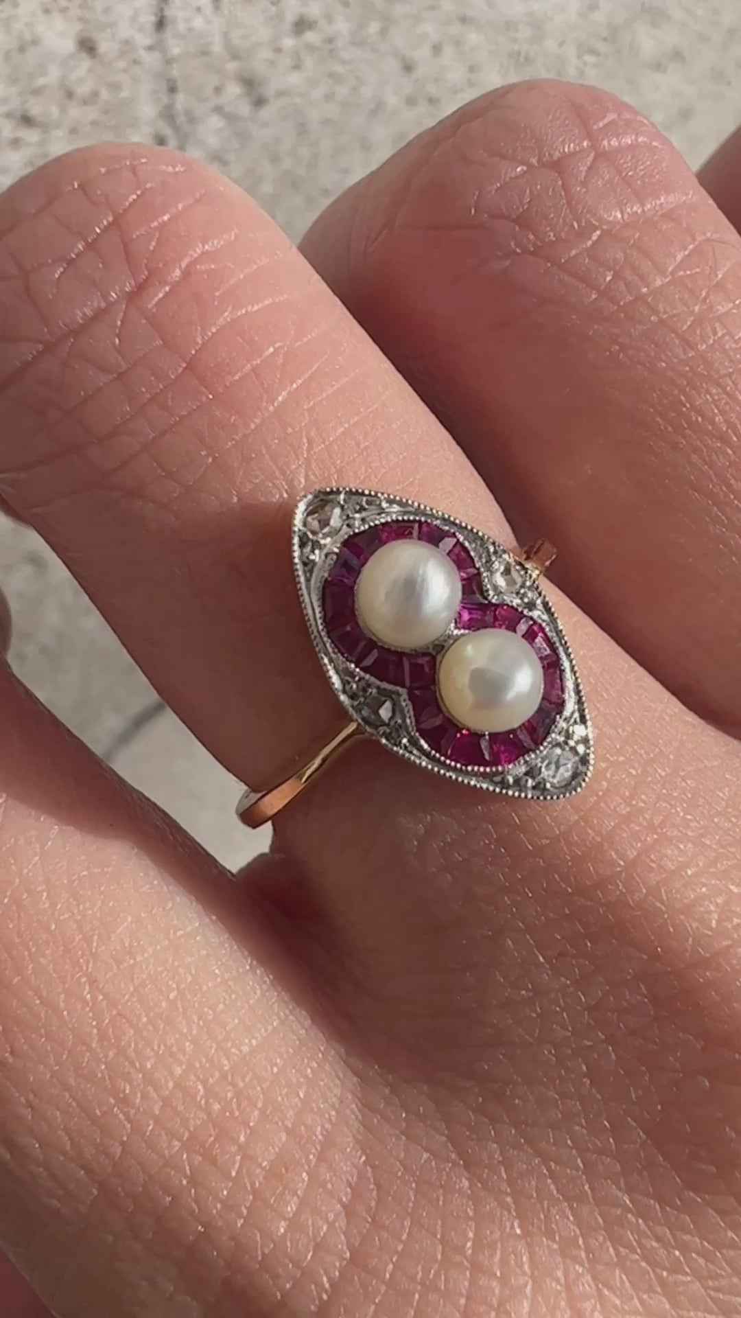 Art Deco 18K gold pearl ruby diamond ring