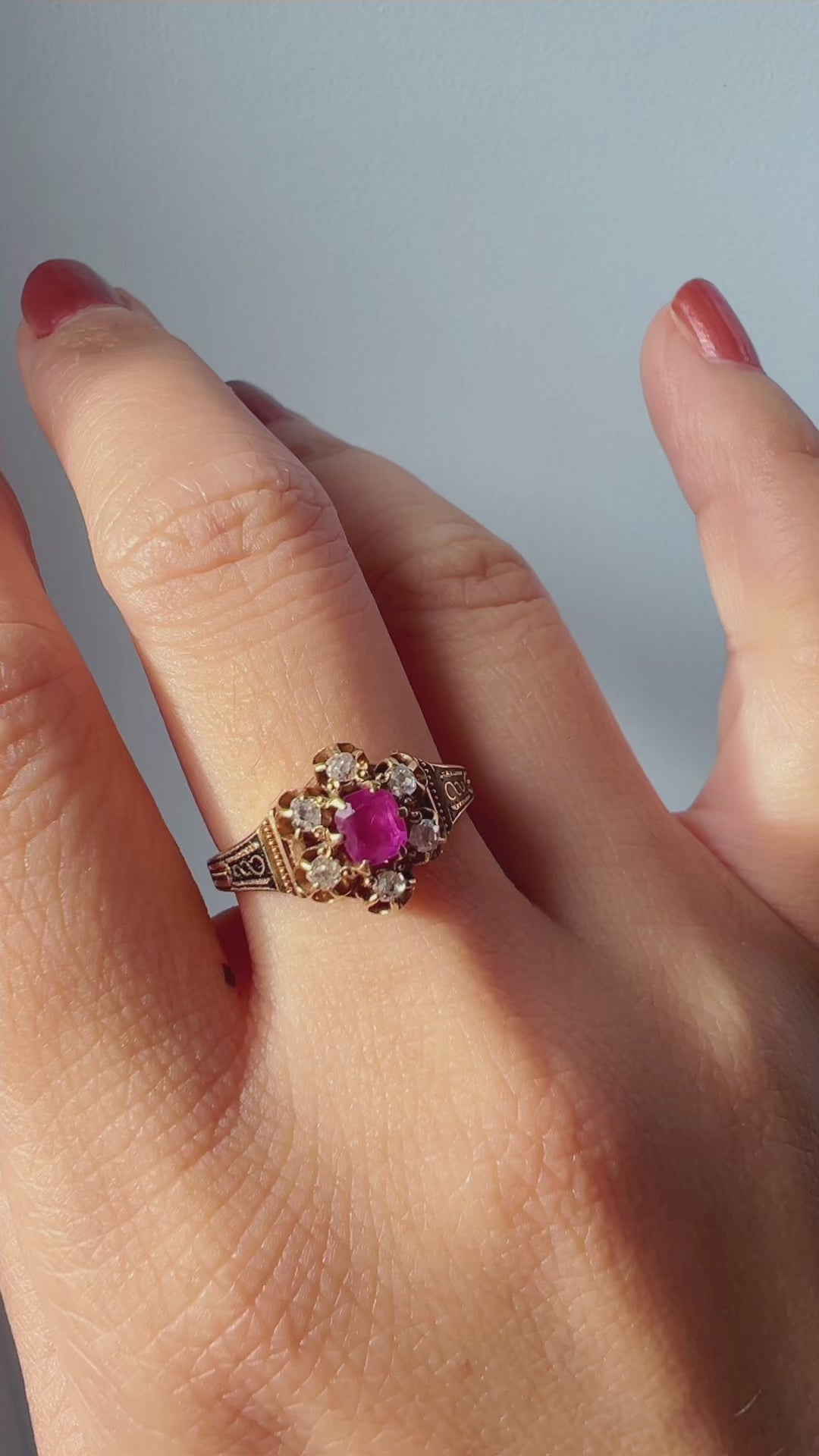 Victorian 14K Yellow Gold Ruby, Diamond & Black Enamel Ring