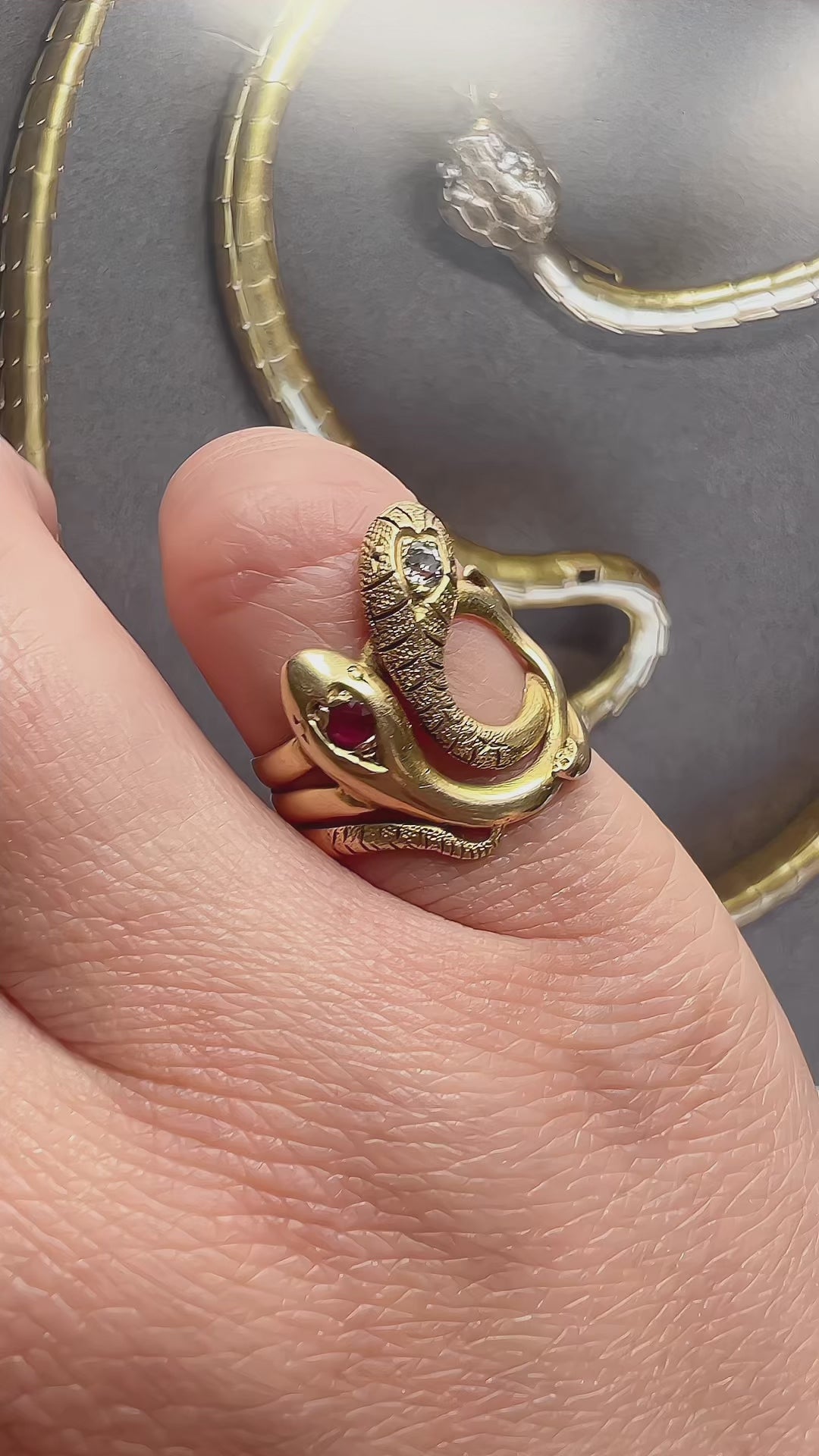 Victorian era 18K Gold diamond ruby Double Snake Ring