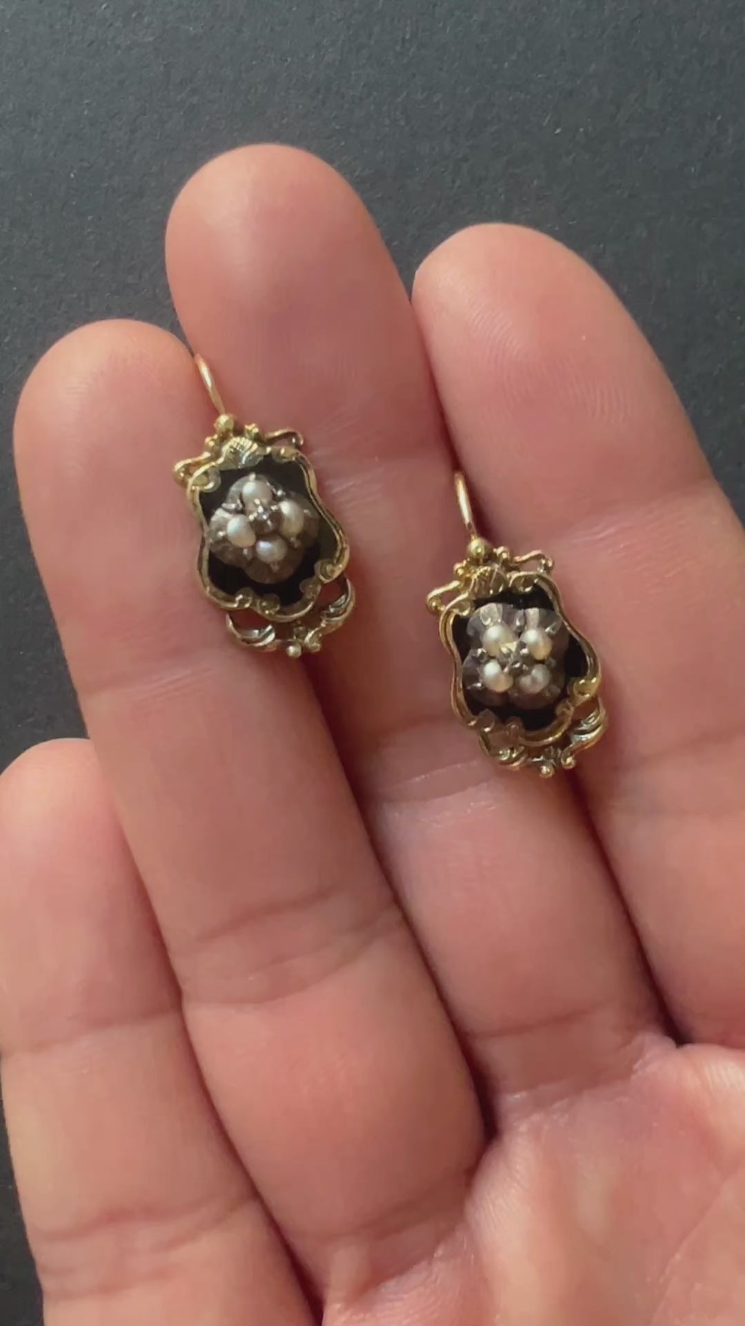 19th-century French Victorian 18K gold earrings with black enamel, seed pearls, and a rose-cut diamond — elegant, romantic, and timeless.