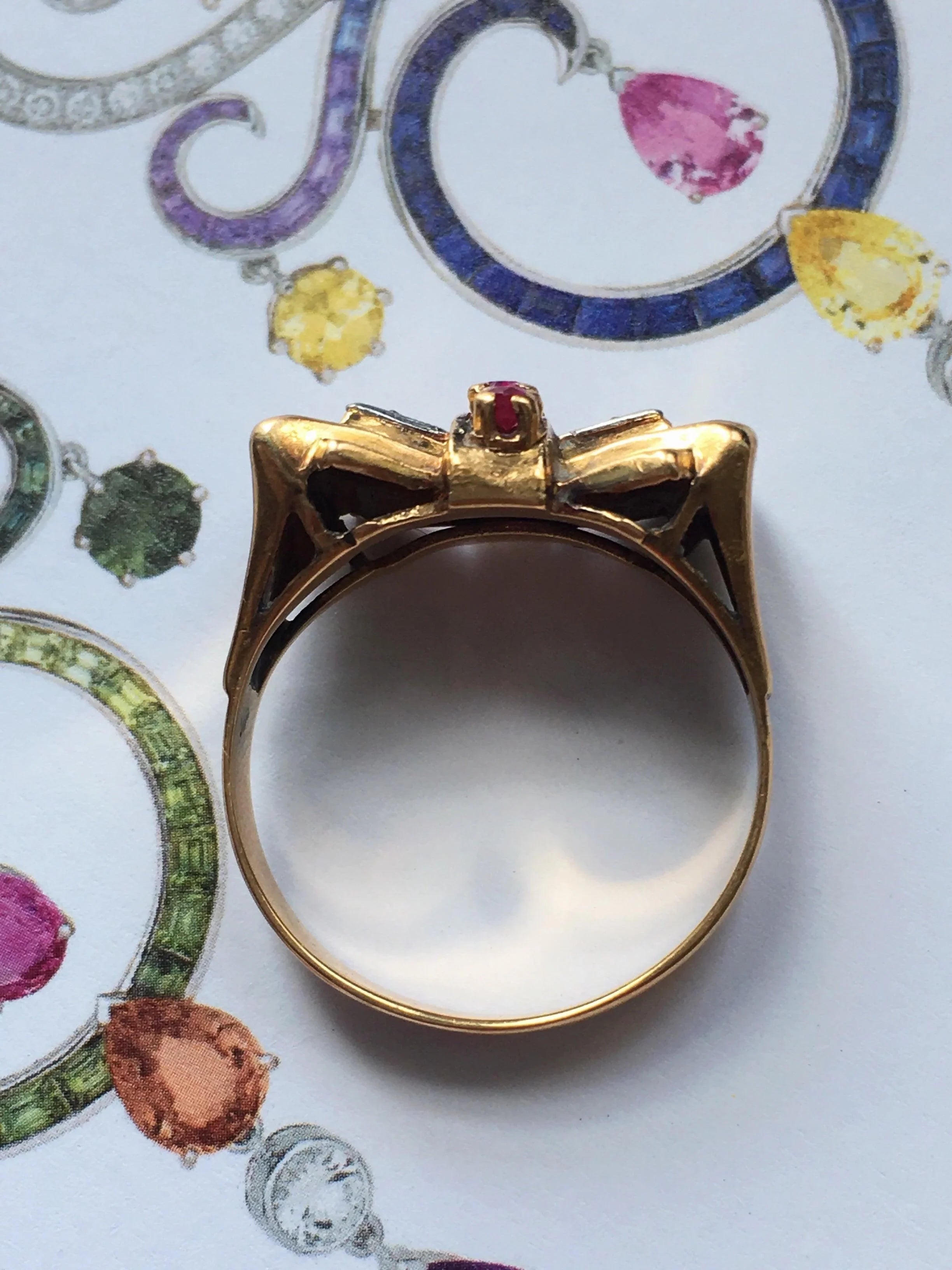 Sweet 18K gold platinum diamond ruby bow & tank cocktail ring - Curiously timeless