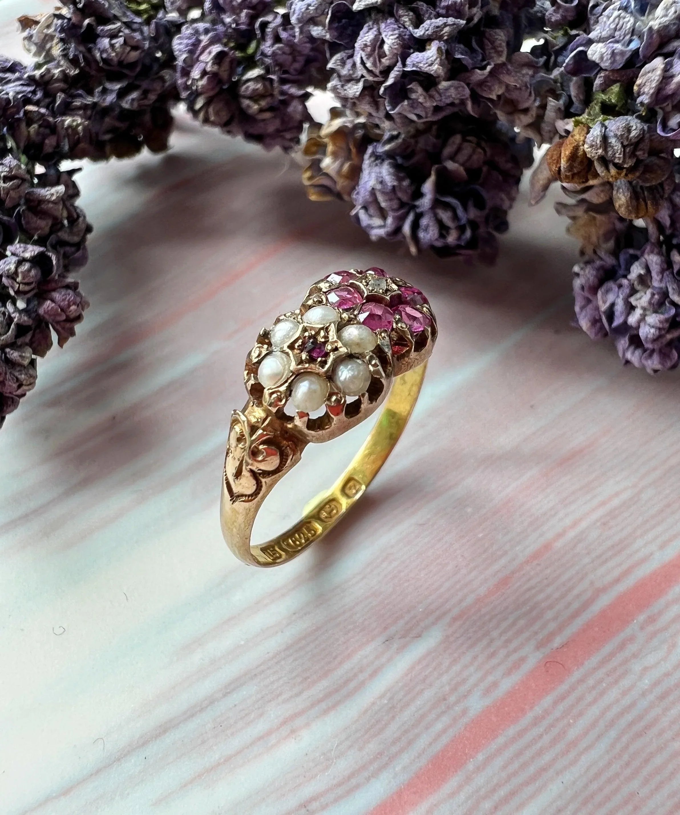 Victorian era 15K gold ruby pearl diamond flower ring - Curiously timeless