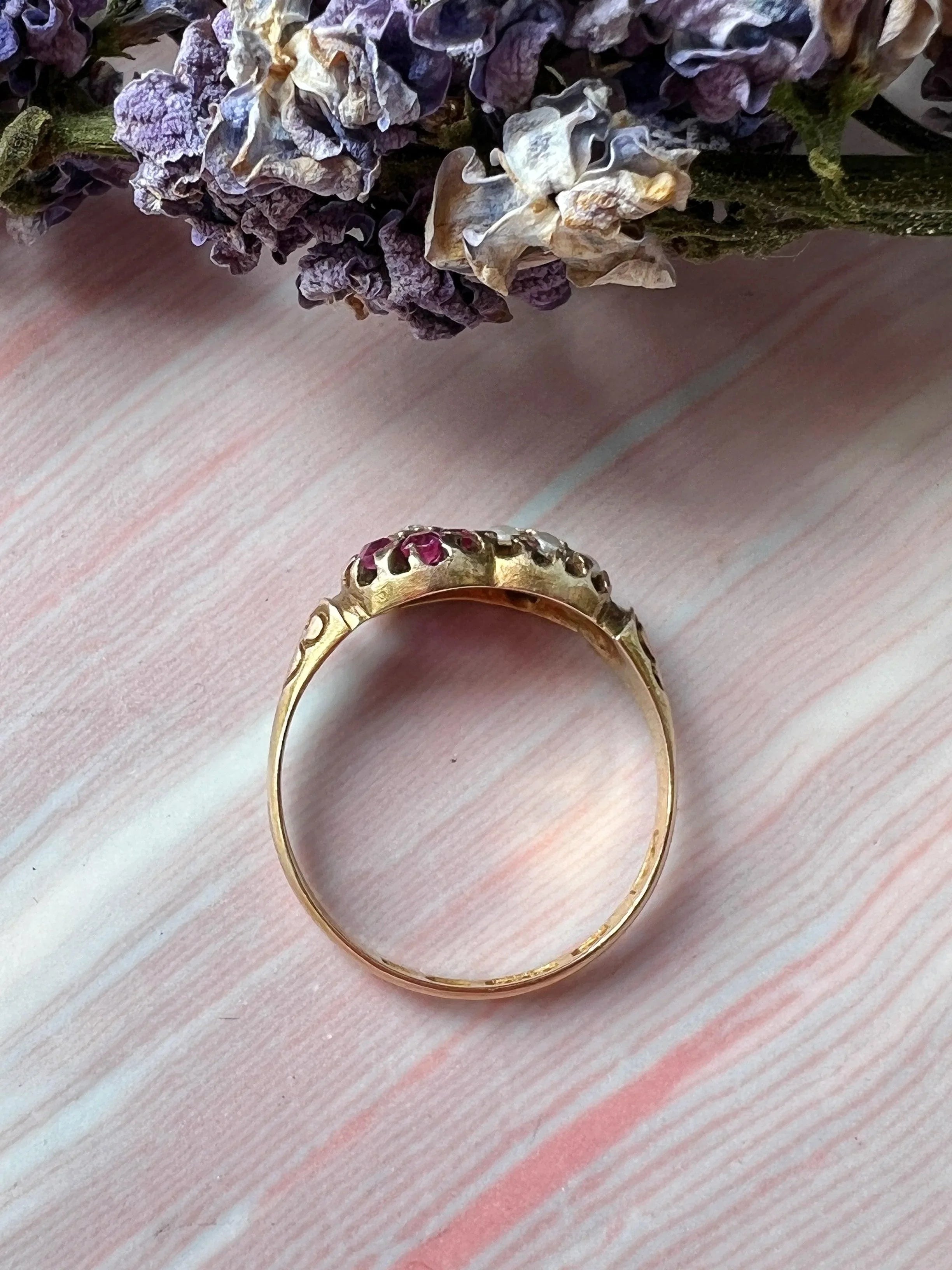Victorian era 15K gold ruby pearl diamond flower ring - Curiously timeless