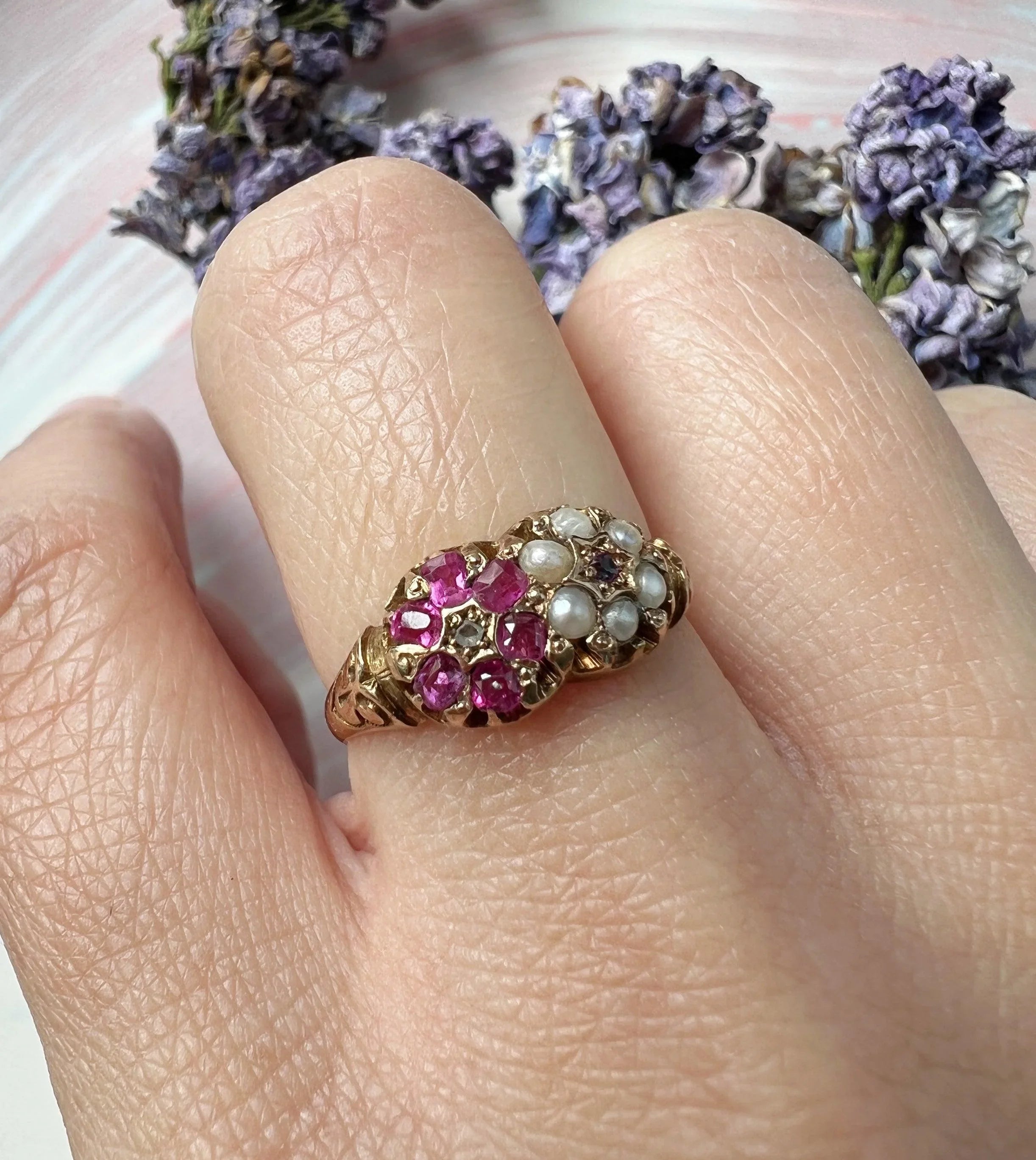 Victorian era 15K gold ruby pearl diamond flower ring - Curiously timeless