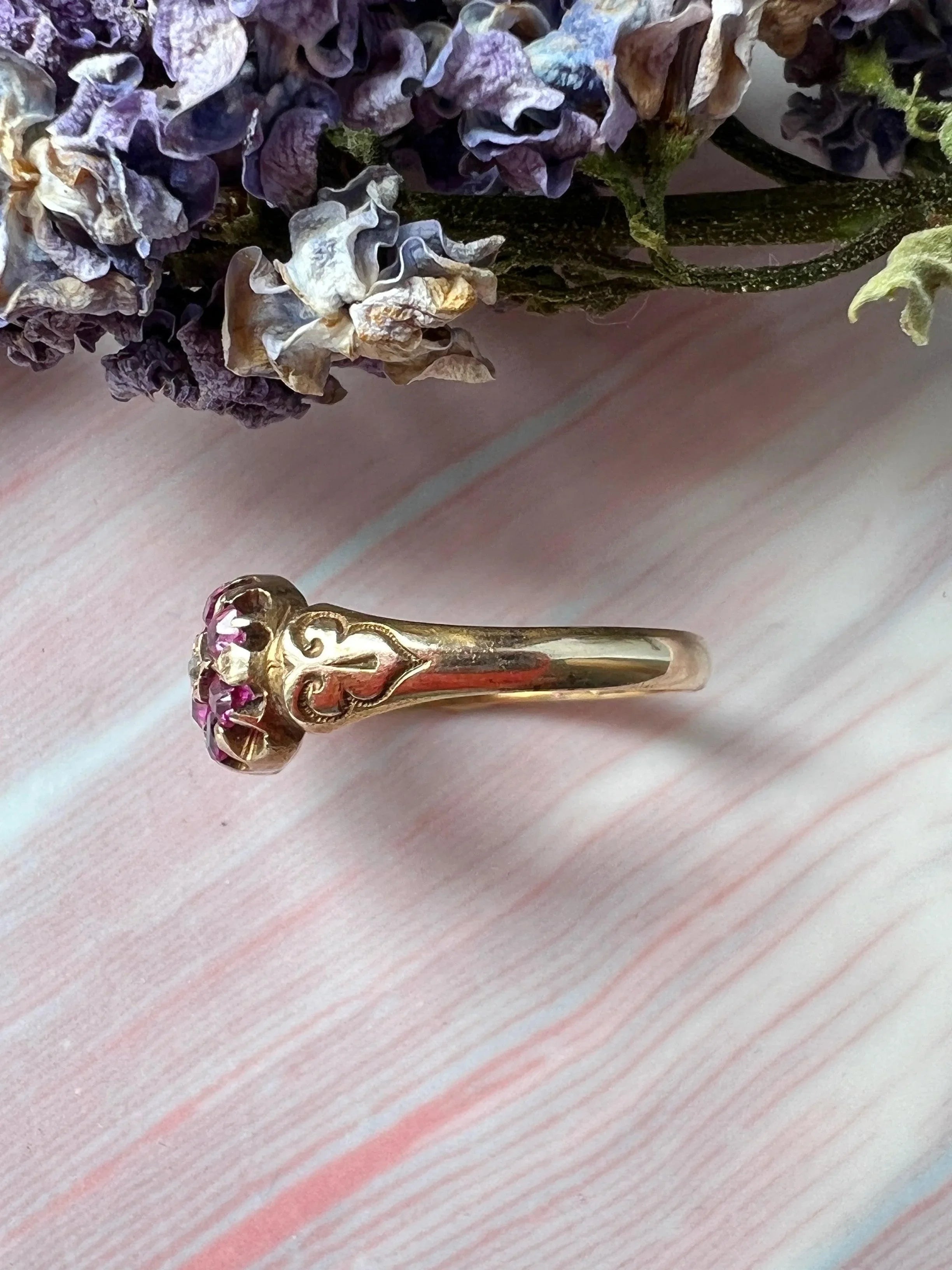 Victorian era 15K gold ruby pearl diamond flower ring - Curiously timeless