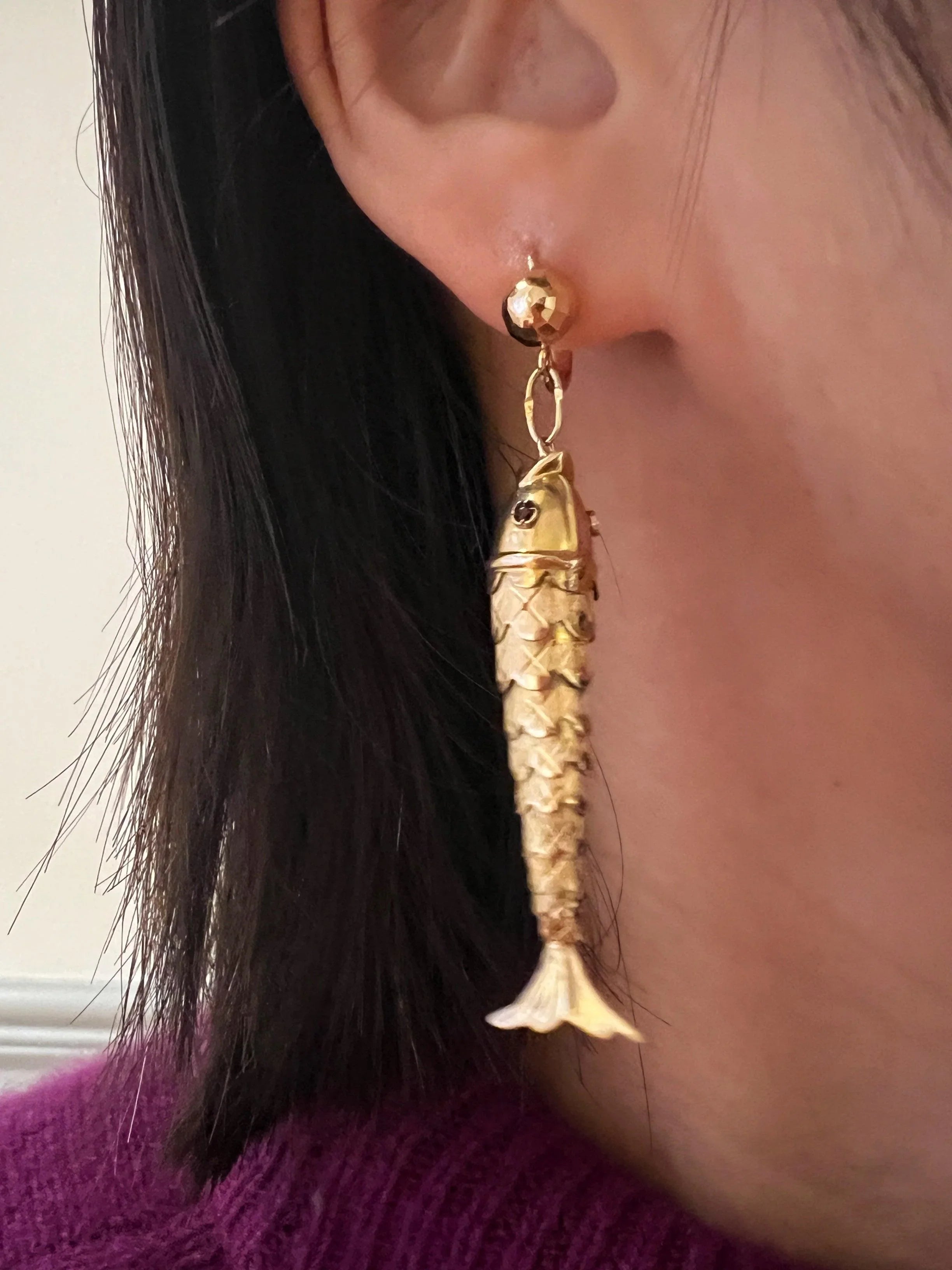 18K yellow gold articulated carp fish earrings - Curiously timeless