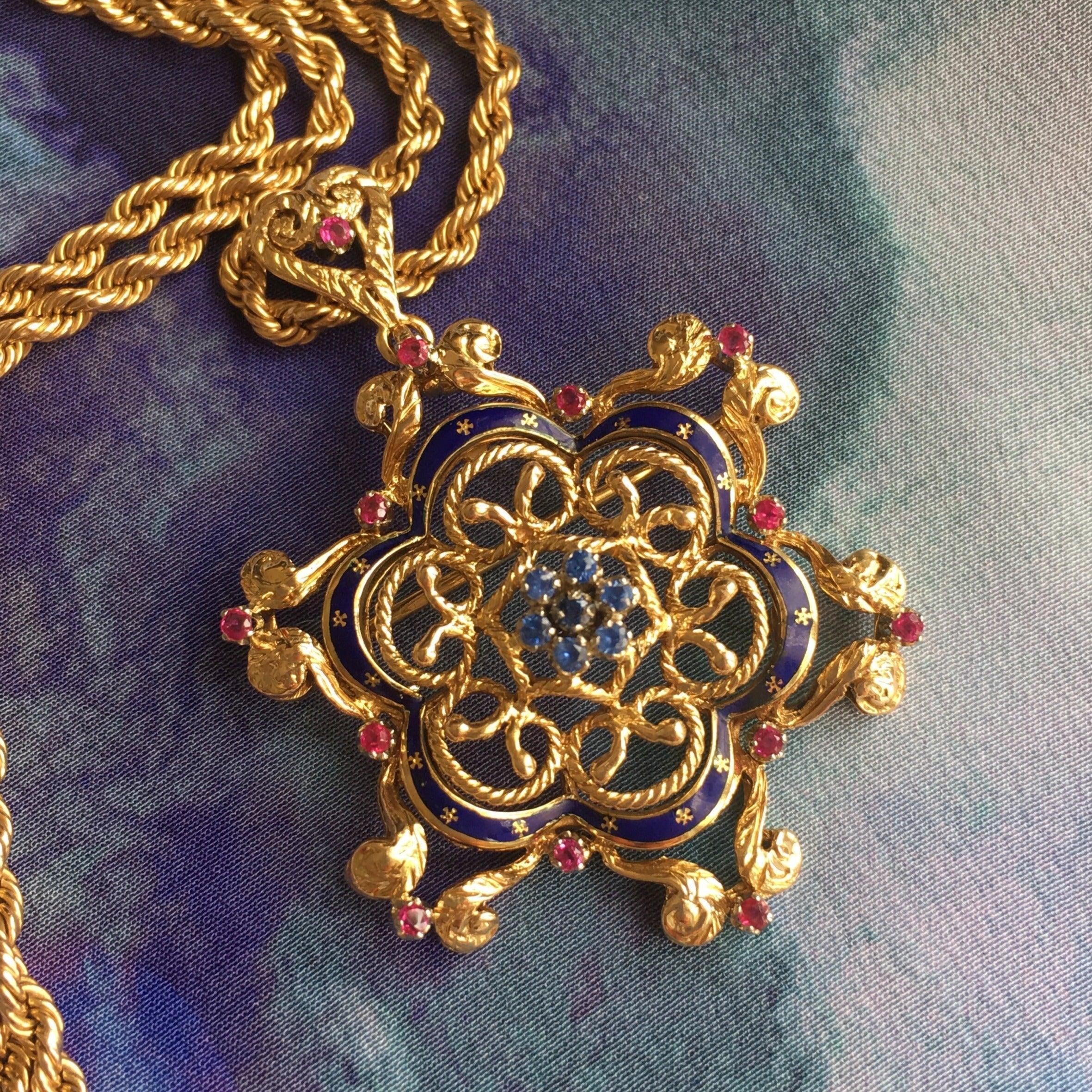 Magnificent Victorian 18K gold sapphire ruby blue enameled pendant brooch with heart shape bail - Curiously timeless