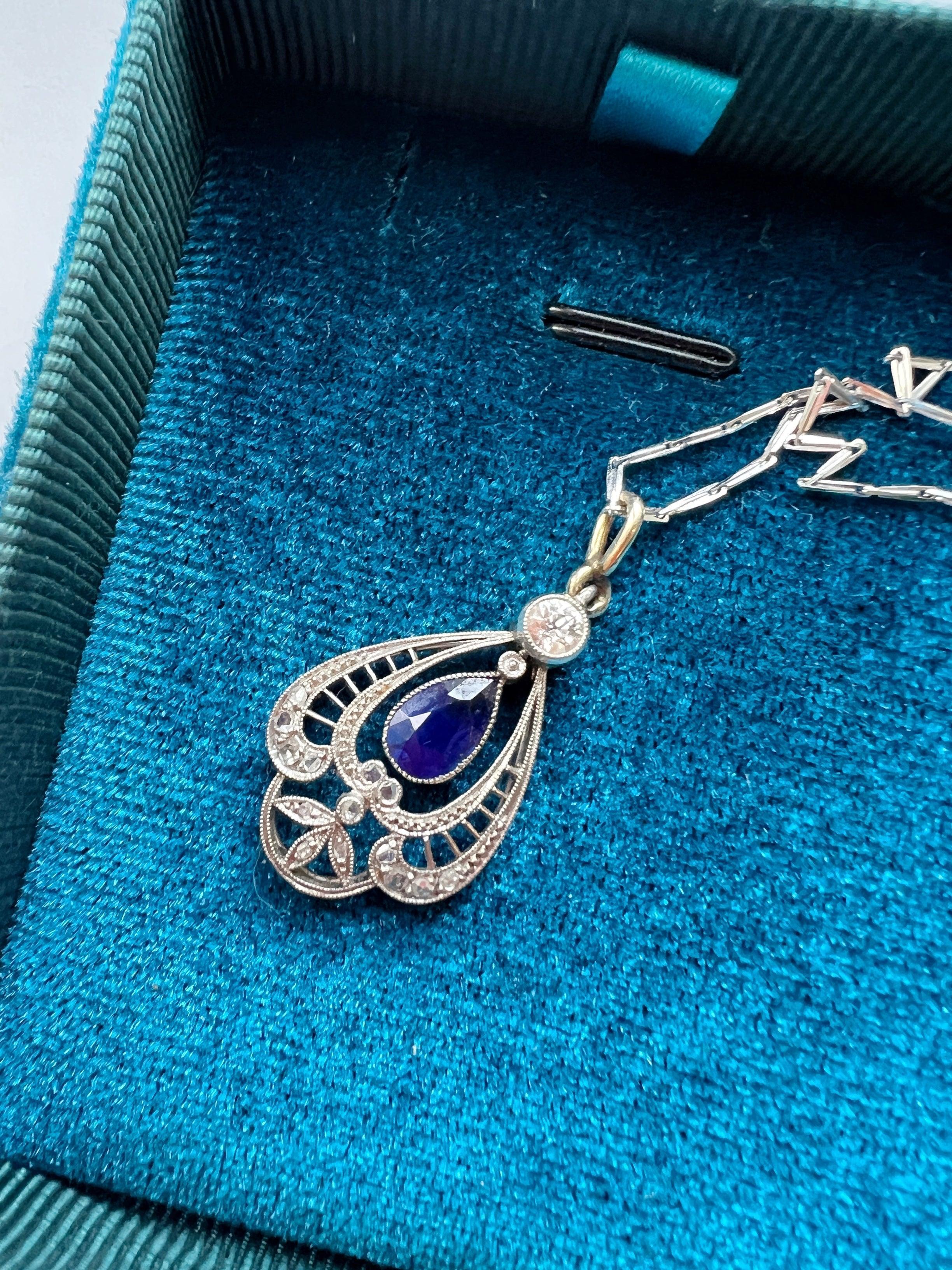 Edwardian era / Belle époque platinum 18K gold diamond blue sapphire necklace - Curiously timeless