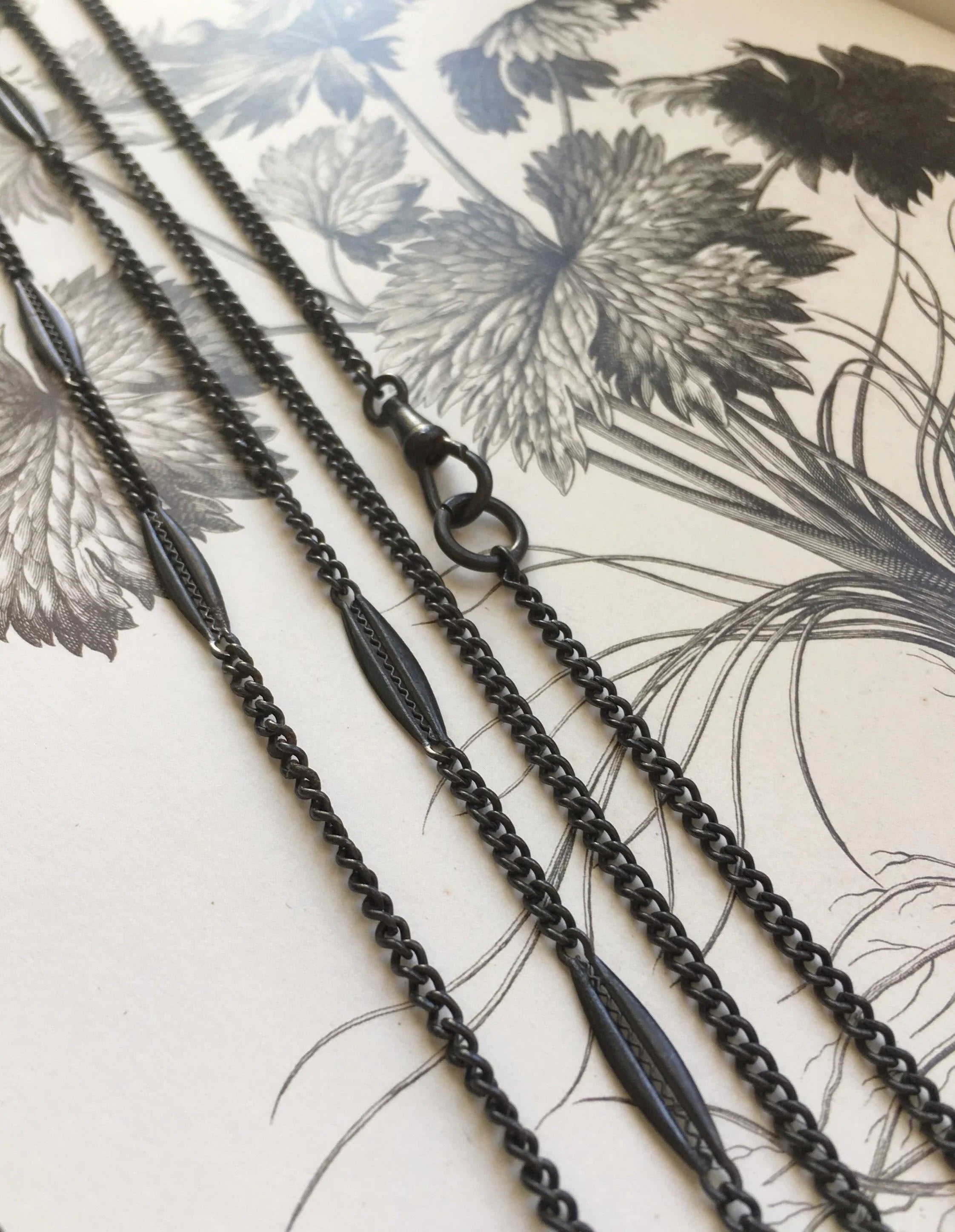 Beautiful and unusual Berlin Iron long guard fancy link watch chain with a dog clip - Curiously timeless