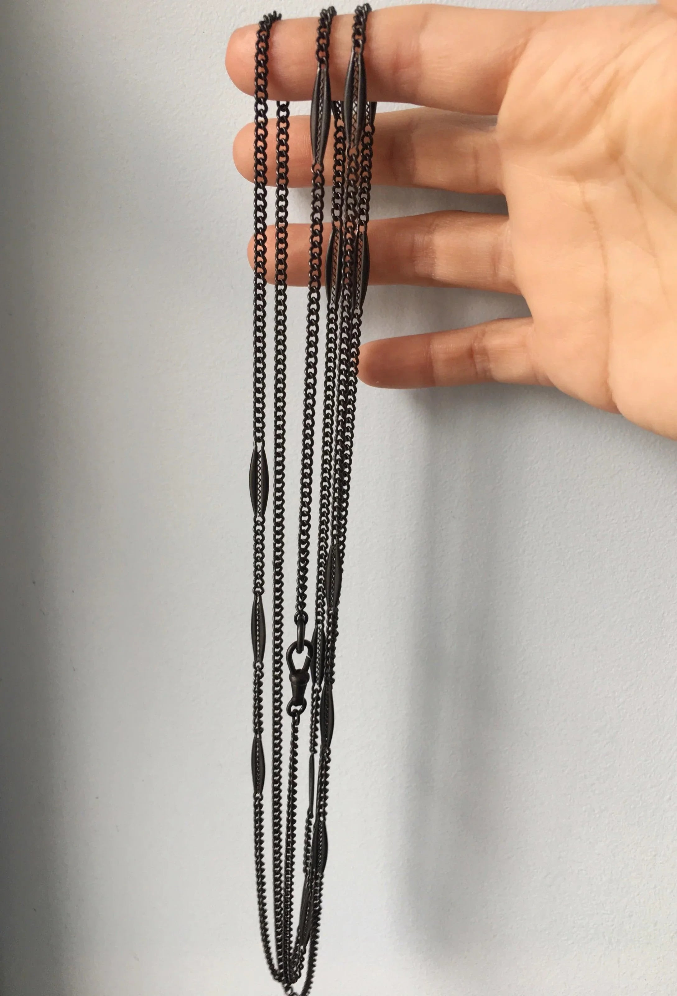 Beautiful and unusual Berlin Iron long guard fancy link watch chain with a dog clip - Curiously timeless