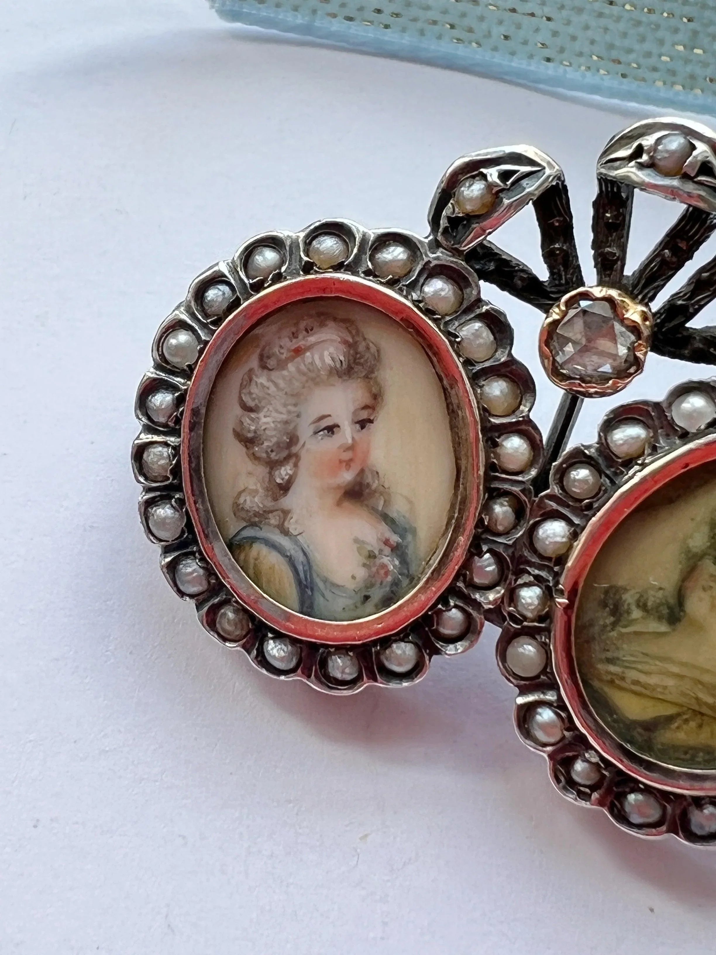 Antique double miniature portraits diamond pearl brooch - Curiously timeless