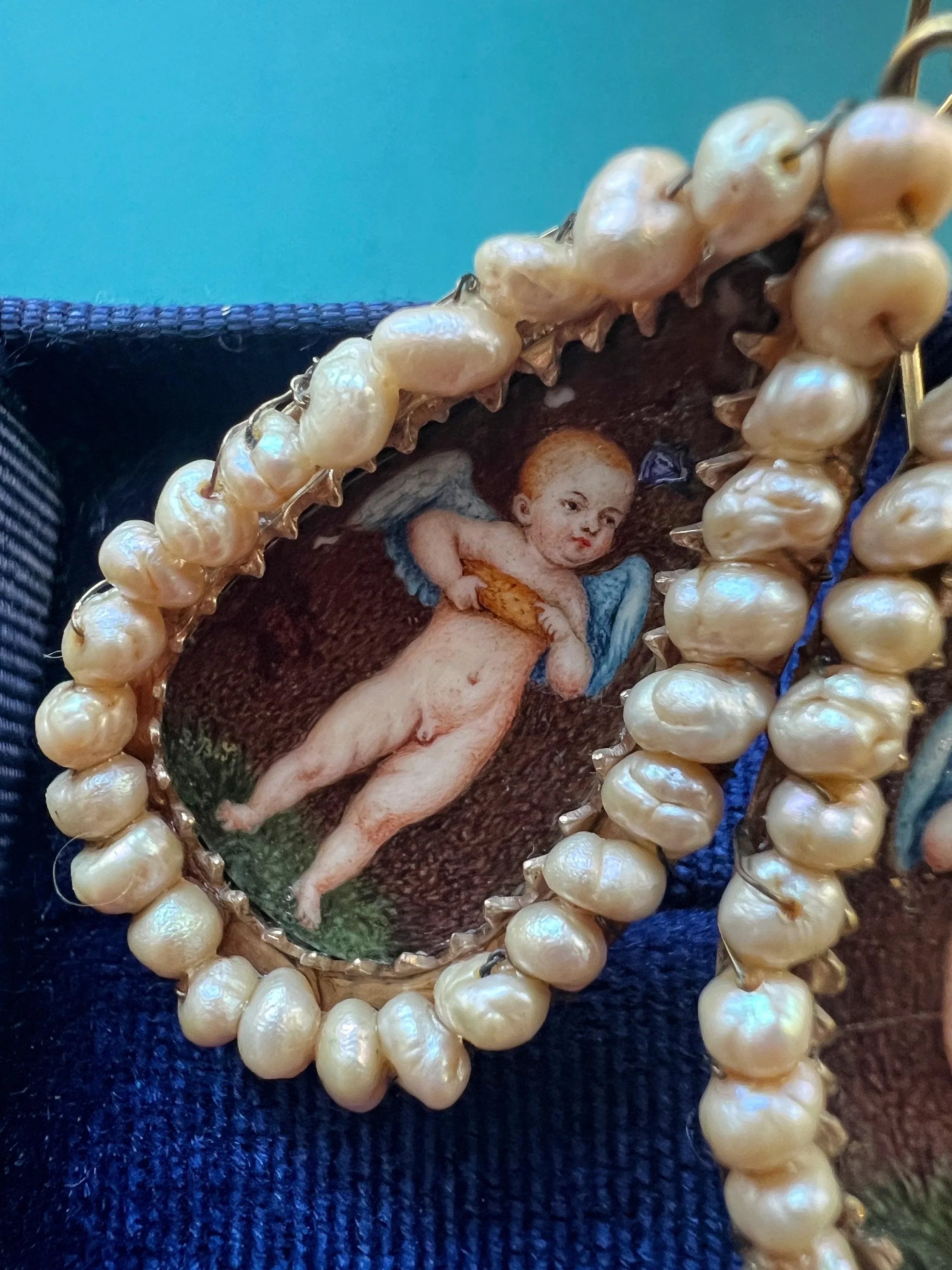 Exceptional antique 14k gold Italian natural pearl cherub angel earrings - Curiously timeless