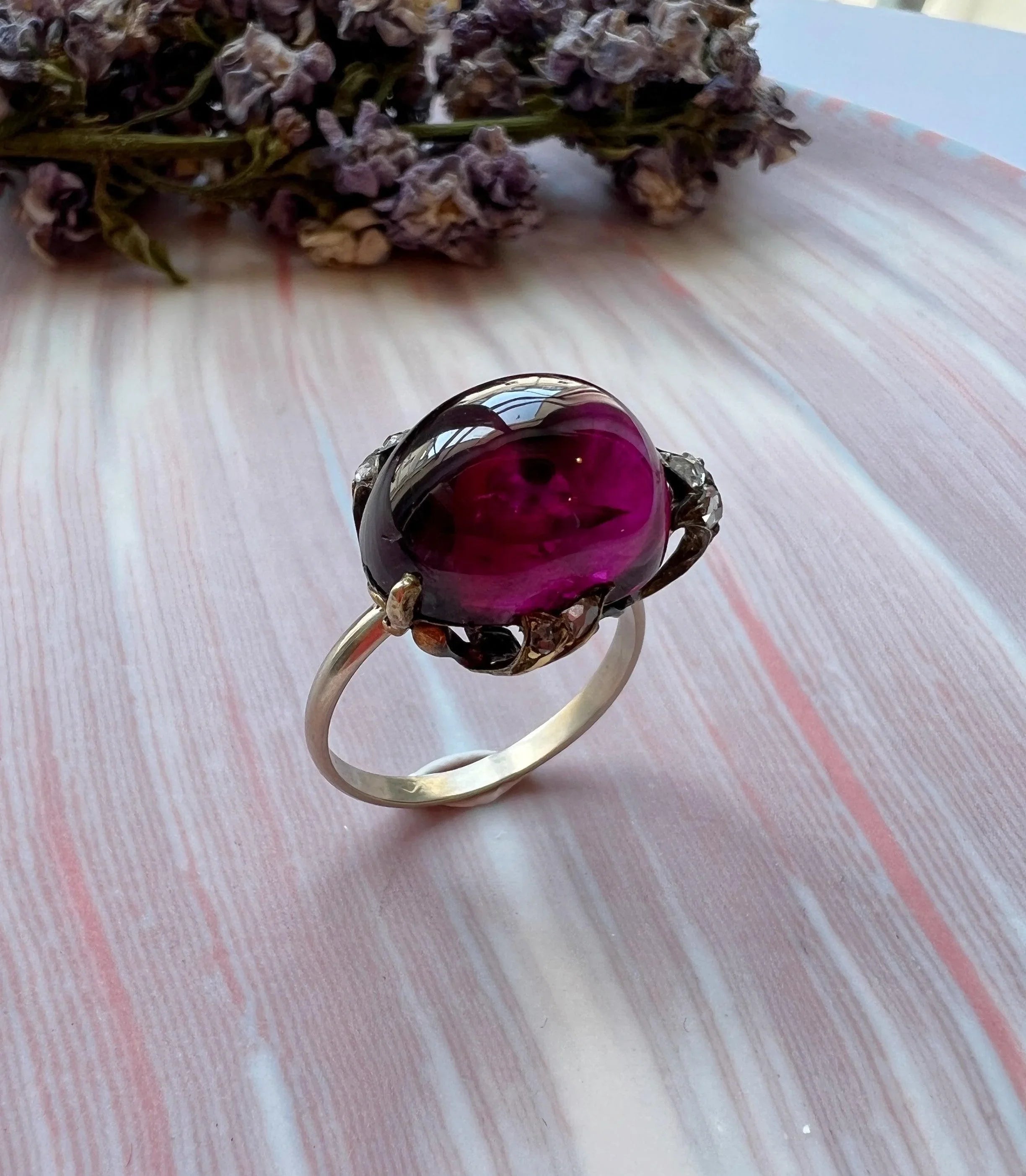 French antique garnet rose cut diamond 18K gold floral ring - Curiously timeless