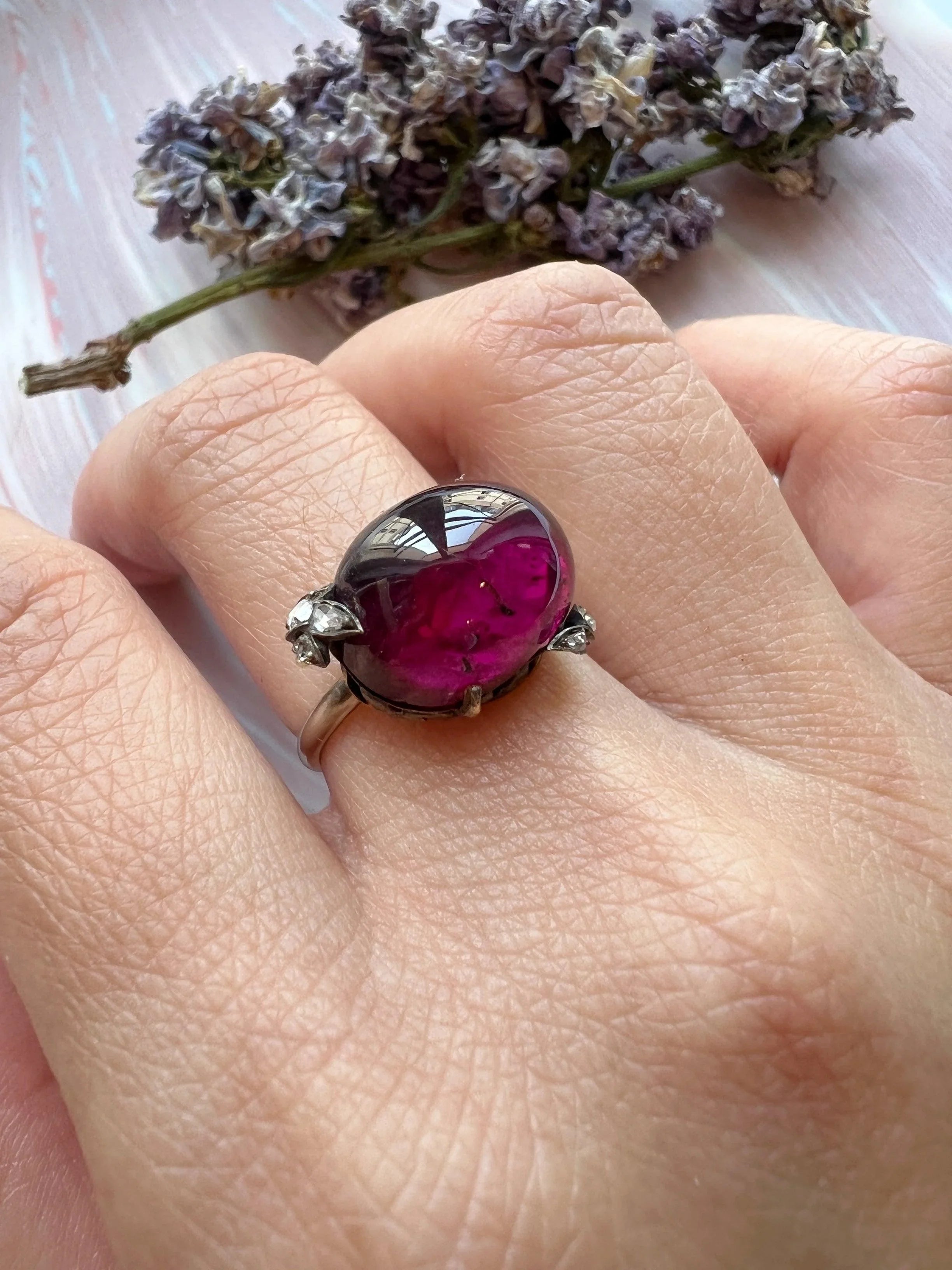 French antique garnet rose cut diamond 18K gold floral ring - Curiously timeless