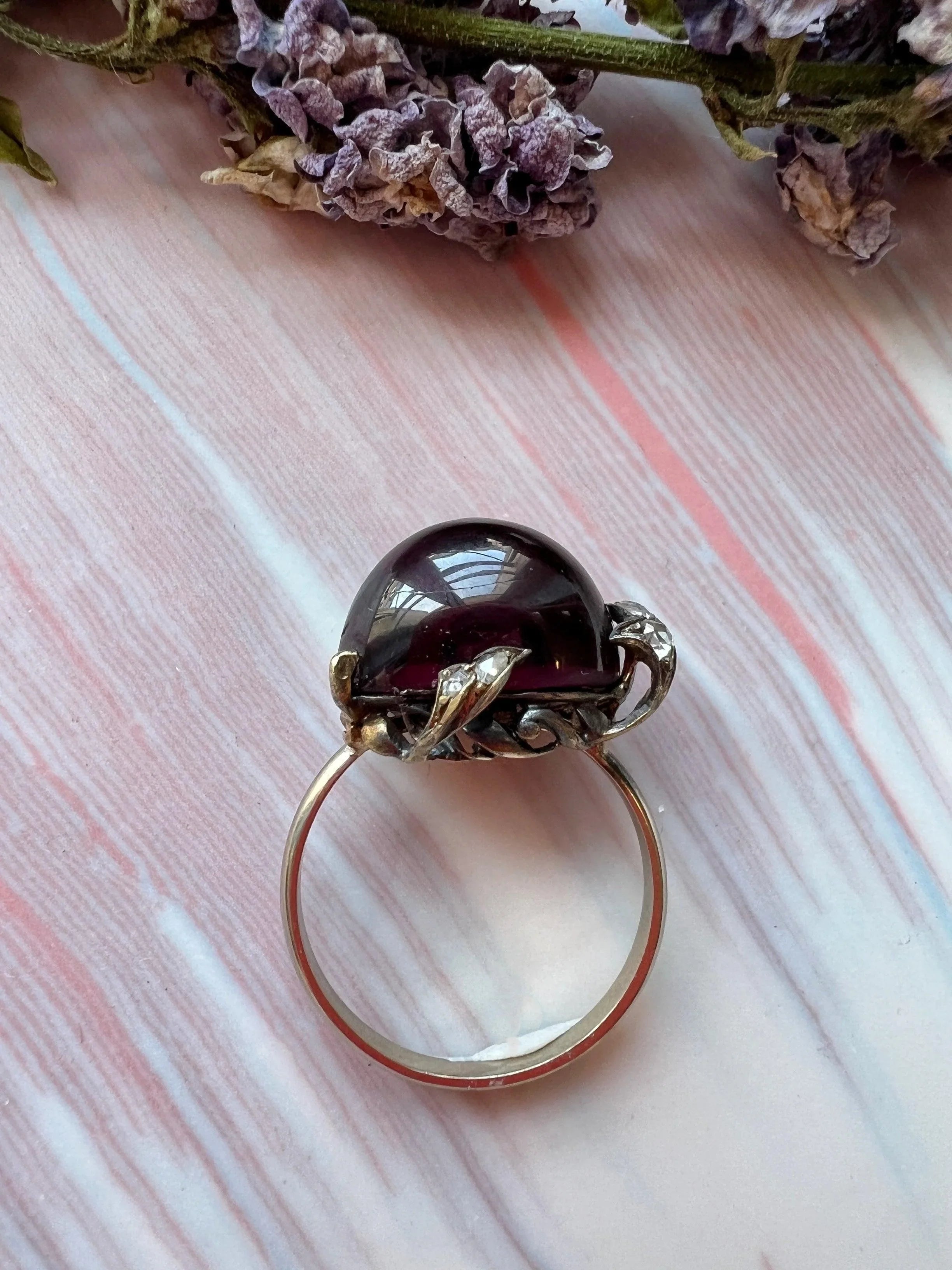 French antique garnet rose cut diamond 18K gold floral ring - Curiously timeless