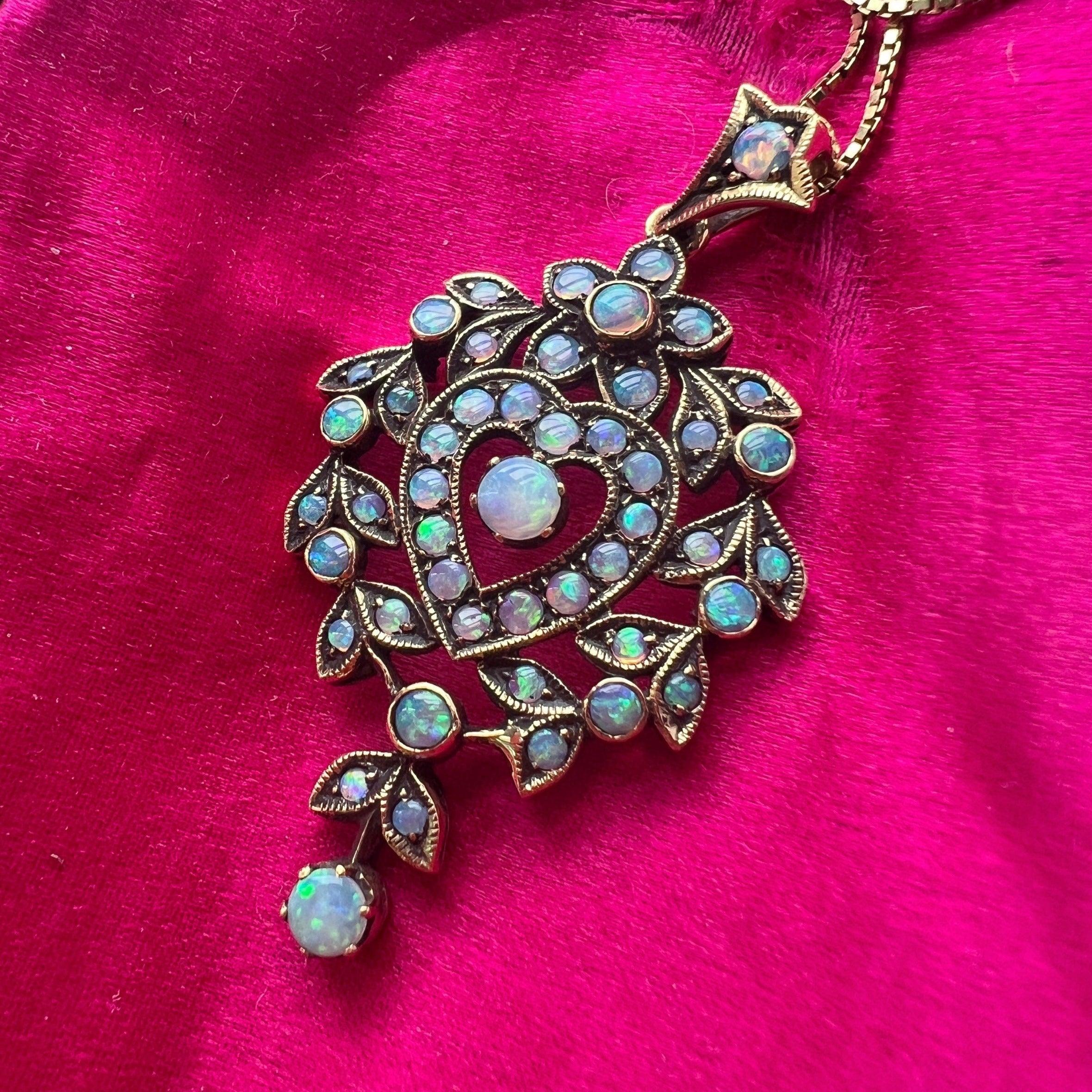 Large 18K gold rainbow opal heart pendant - Curiously timeless