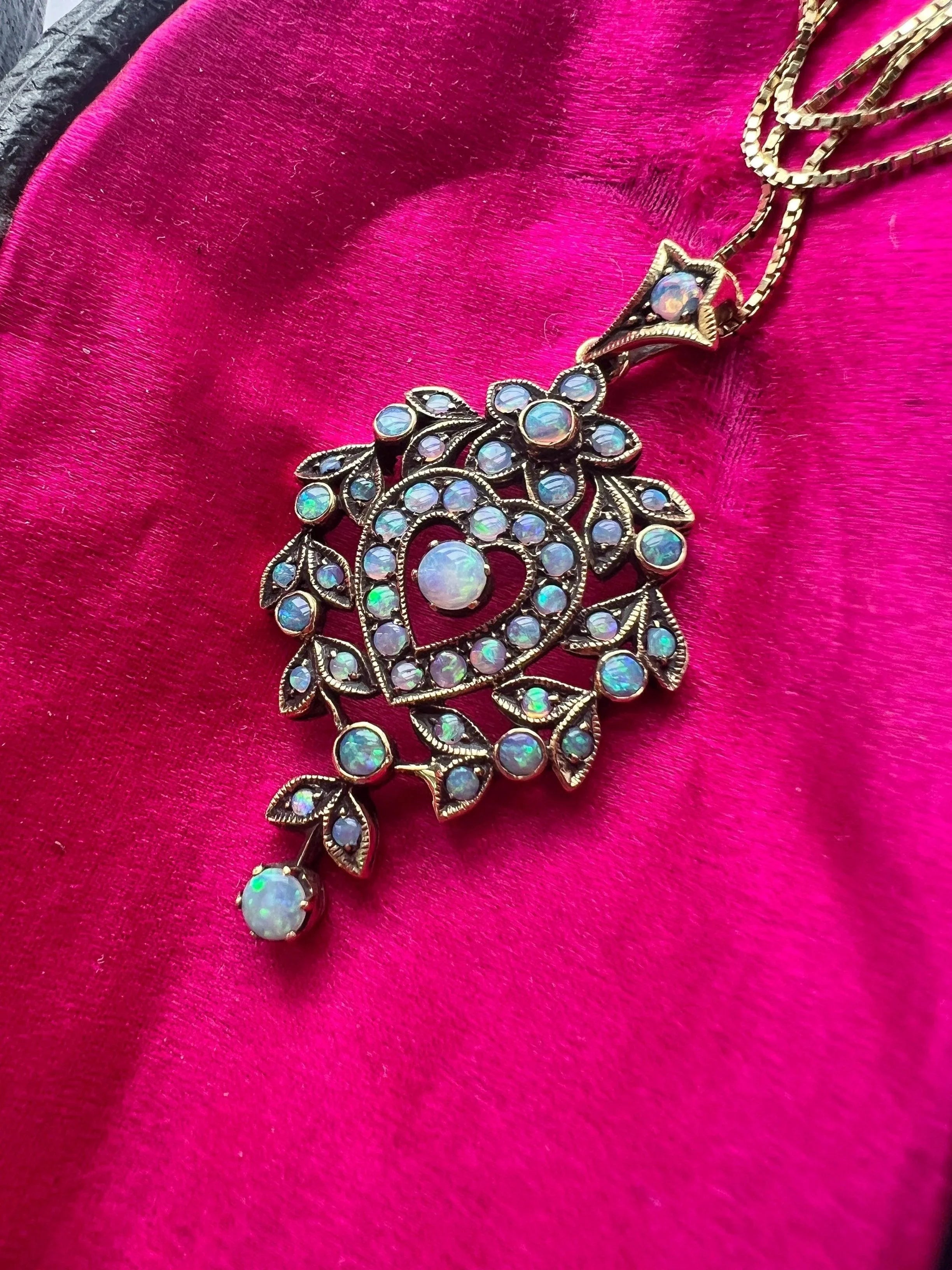 Large 18K gold rainbow opal heart pendant - Curiously timeless