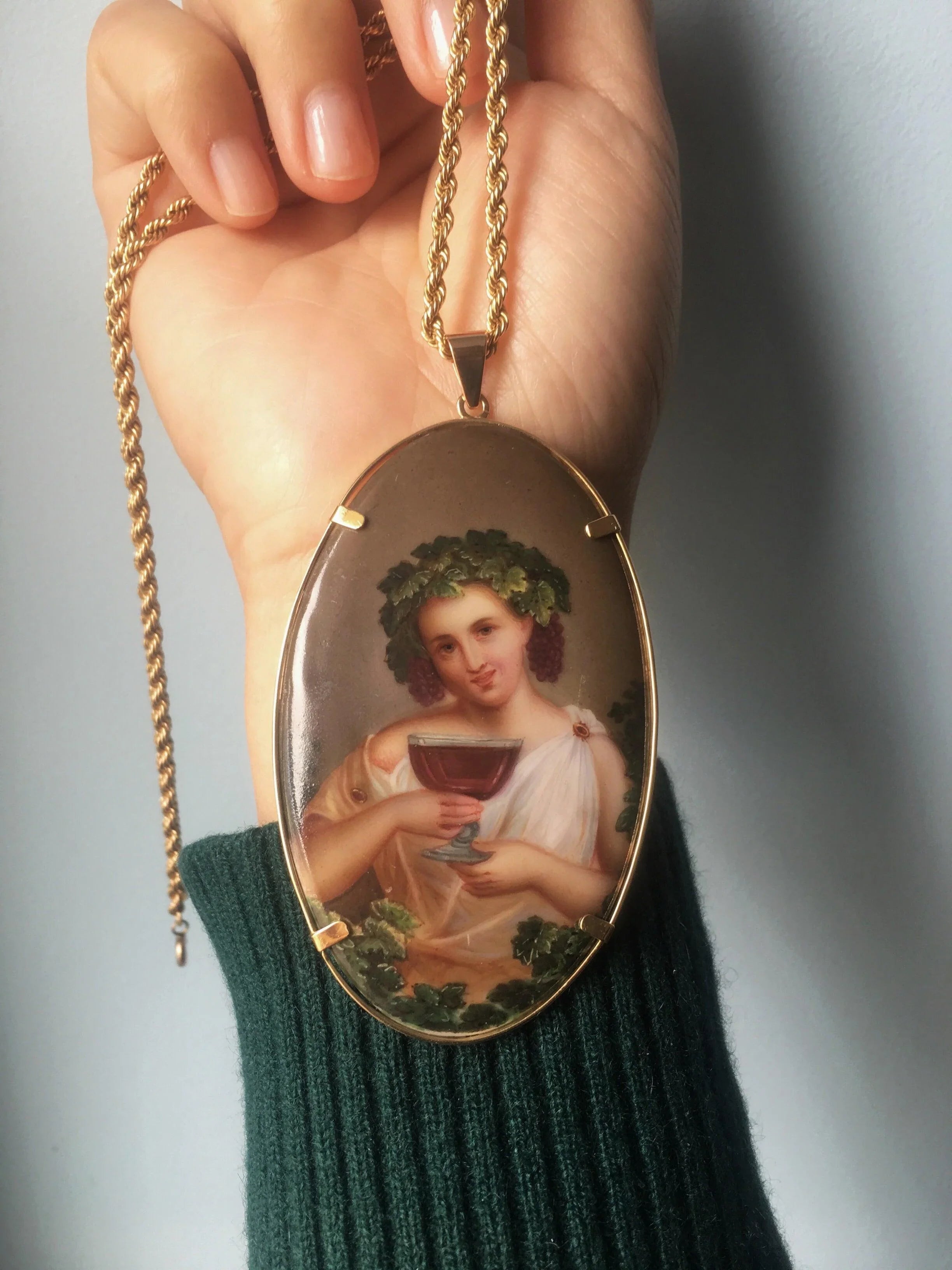 Impressive French antique 18K gold Bacchus miniature portrait pendant - Curiously timeless