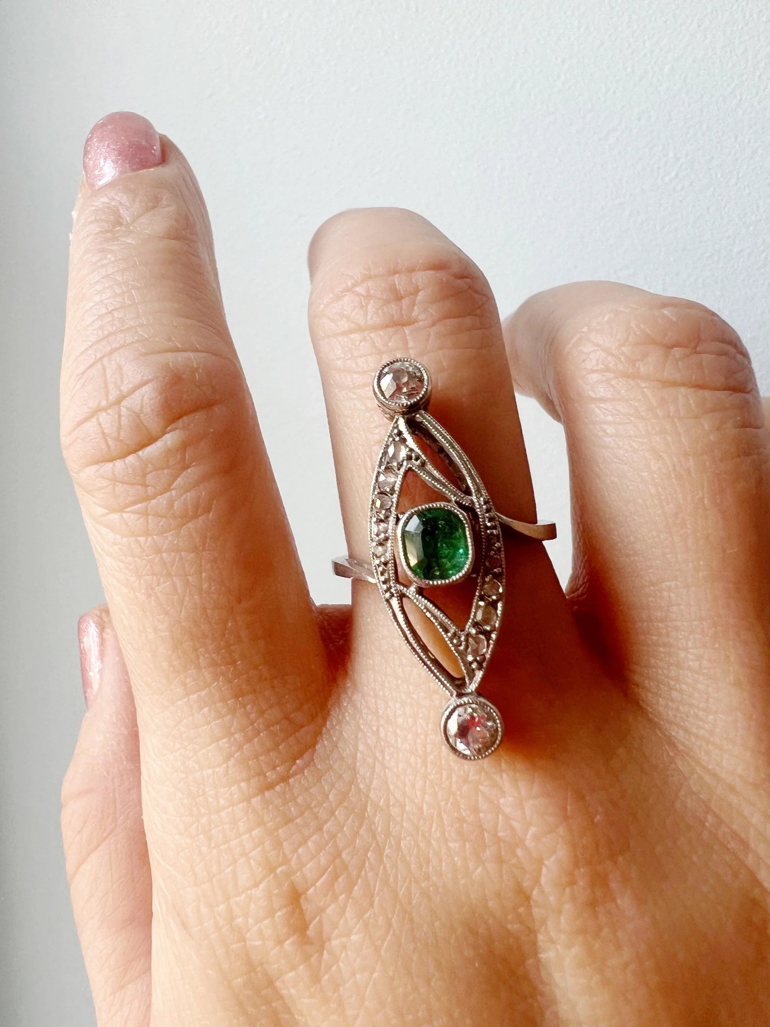 Platinum emerald diamond marquise ring - Curiously timeless