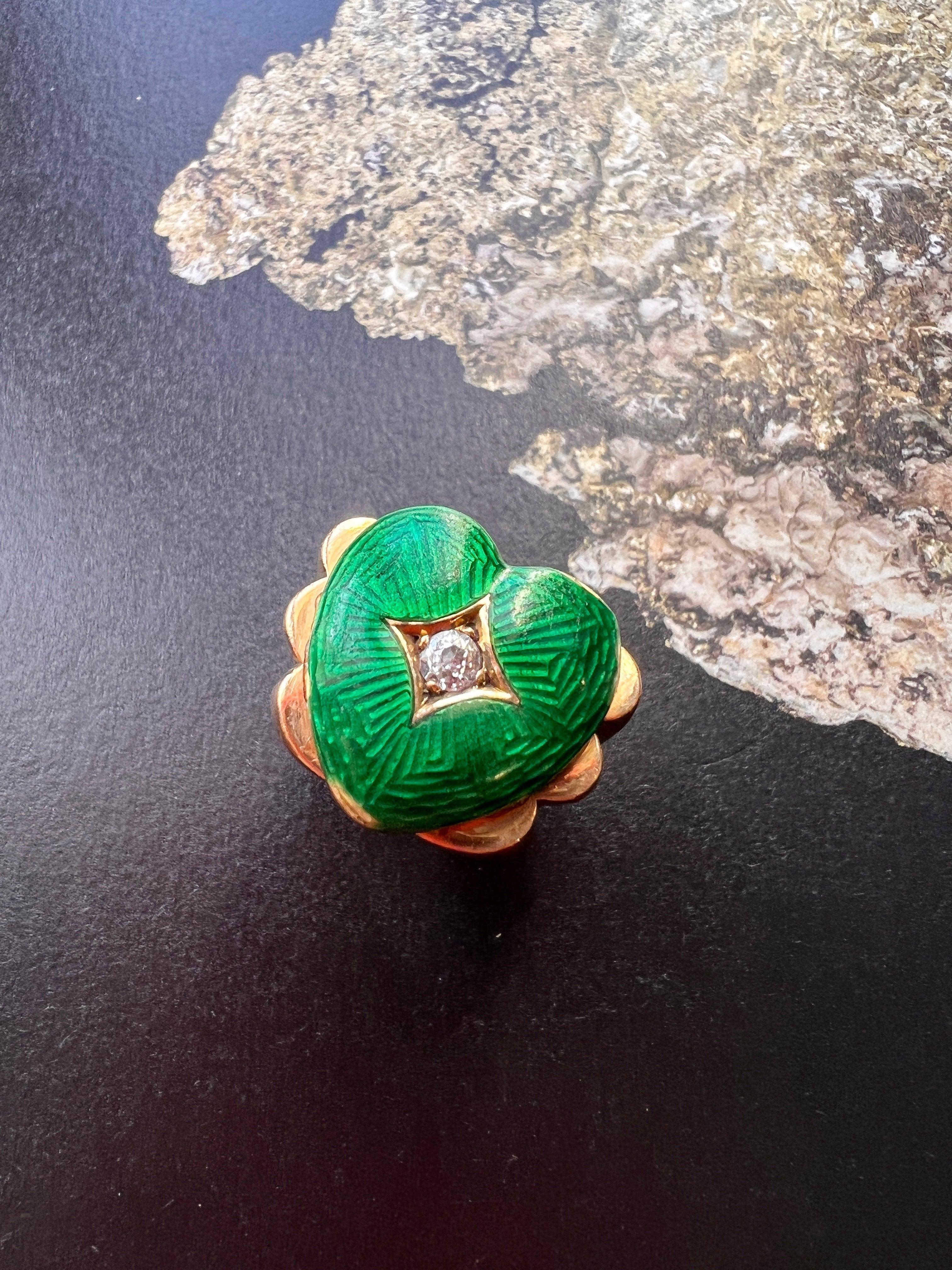 Lovely French Vintage 1950s 18K gold Green Guilloche Enamel Diamond heart tank ring - Curiously timeless