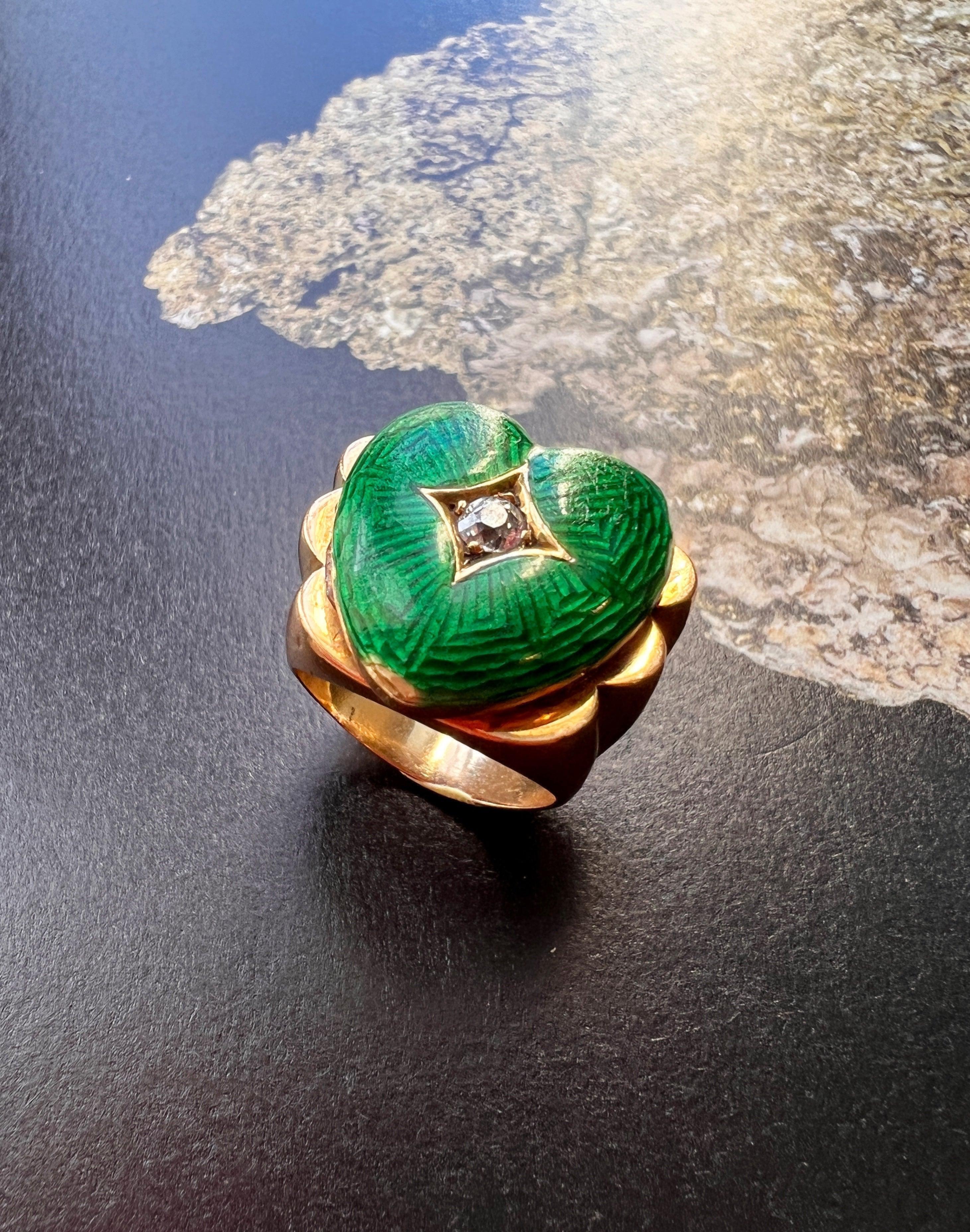 Lovely French Vintage 1950s 18K gold Green Guilloche Enamel Diamond heart tank ring - Curiously timeless