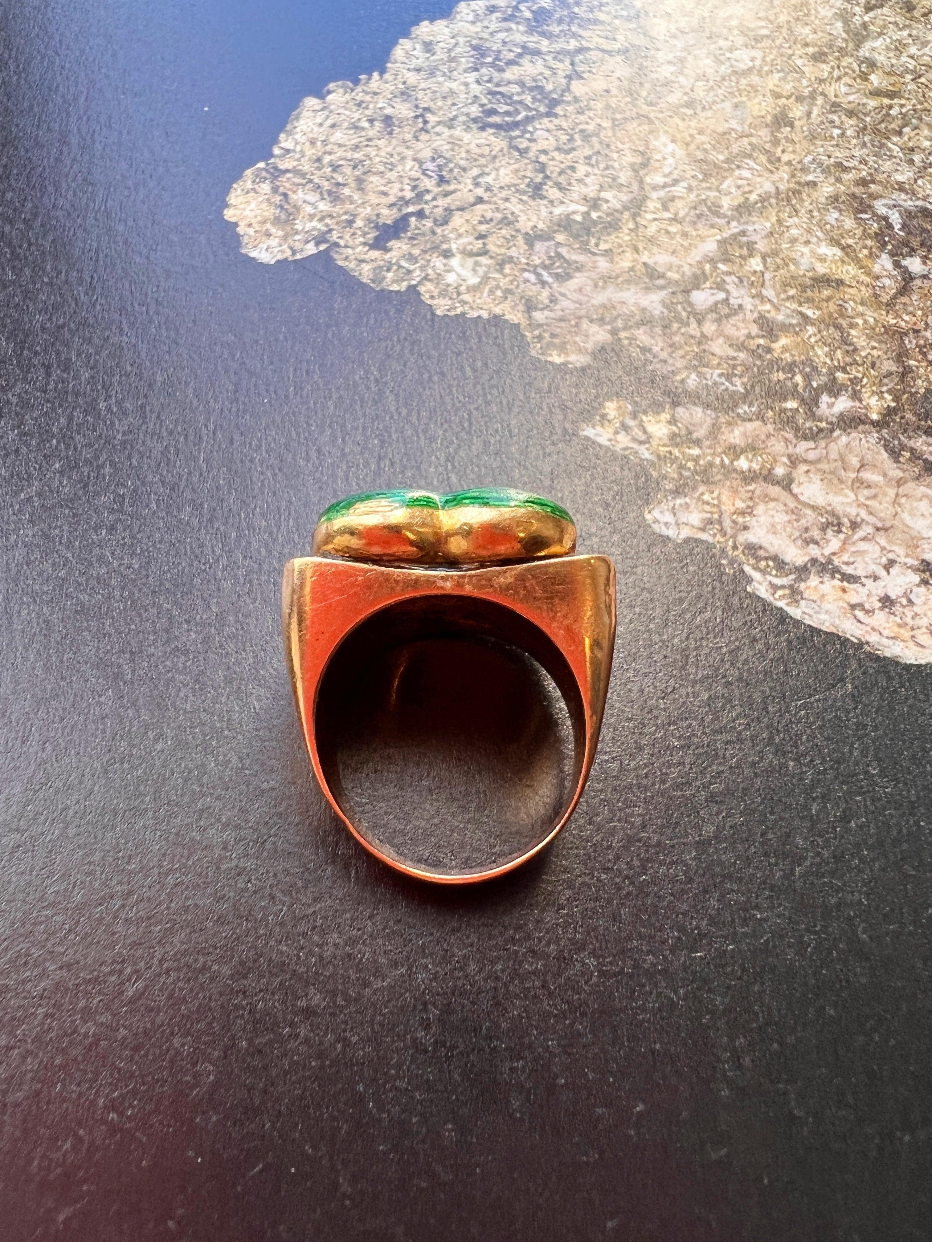 Lovely French Vintage 1950s 18K gold Green Guilloche Enamel Diamond heart tank ring - Curiously timeless