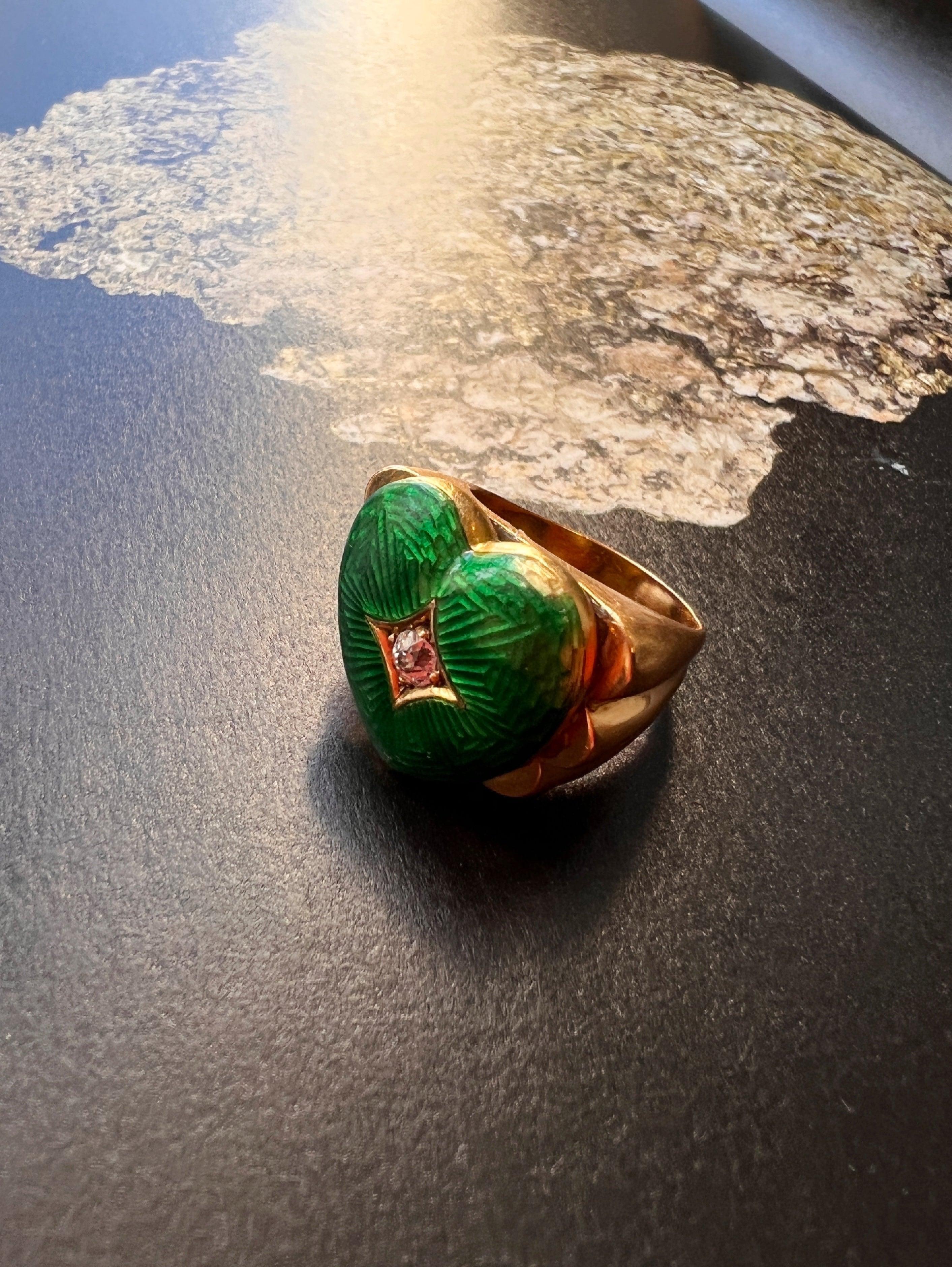 Lovely French Vintage 1950s 18K gold Green Guilloche Enamel Diamond heart tank ring - Curiously timeless