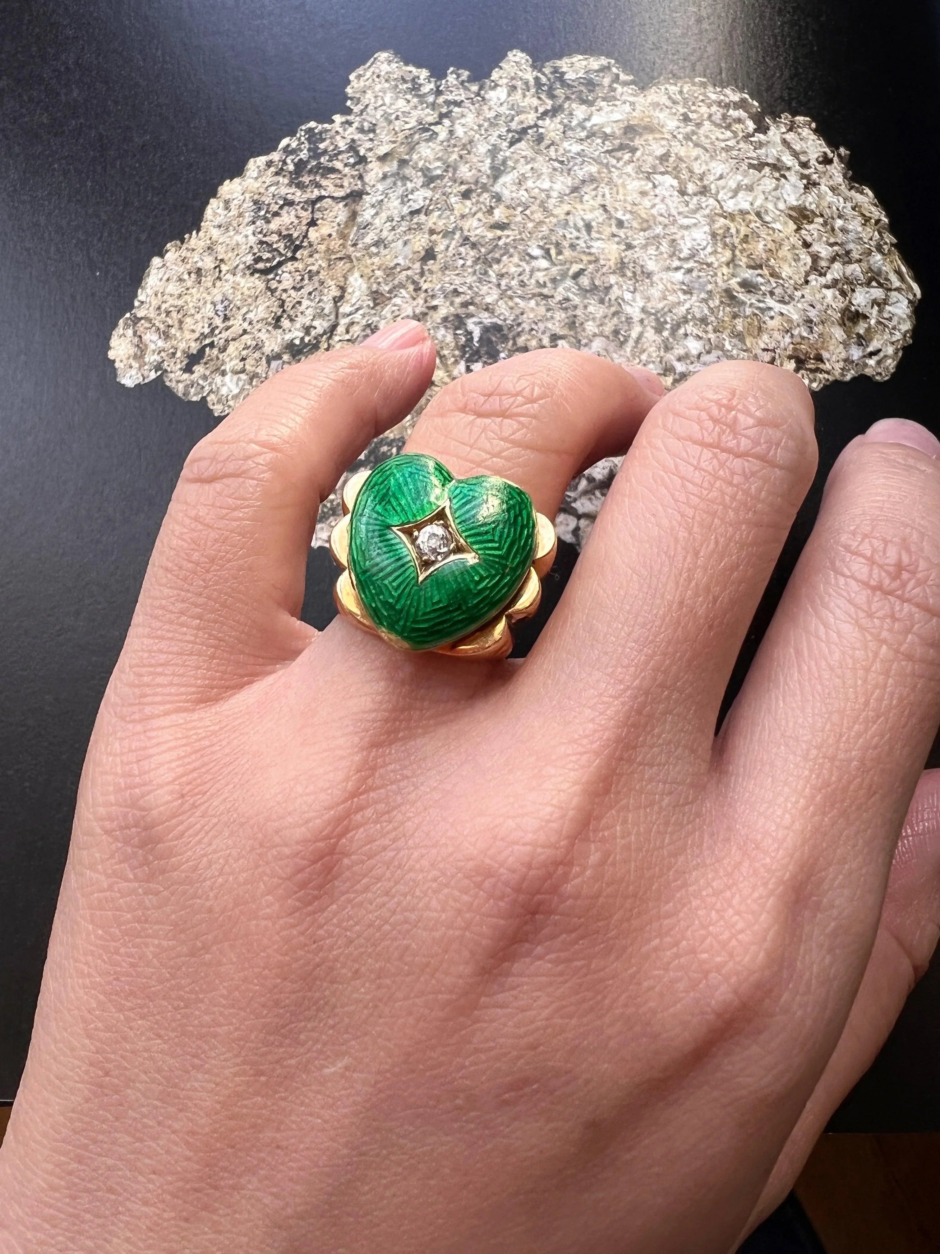 Lovely French Vintage 1950s 18K gold Green Guilloche Enamel Diamond heart tank ring - Curiously timeless
