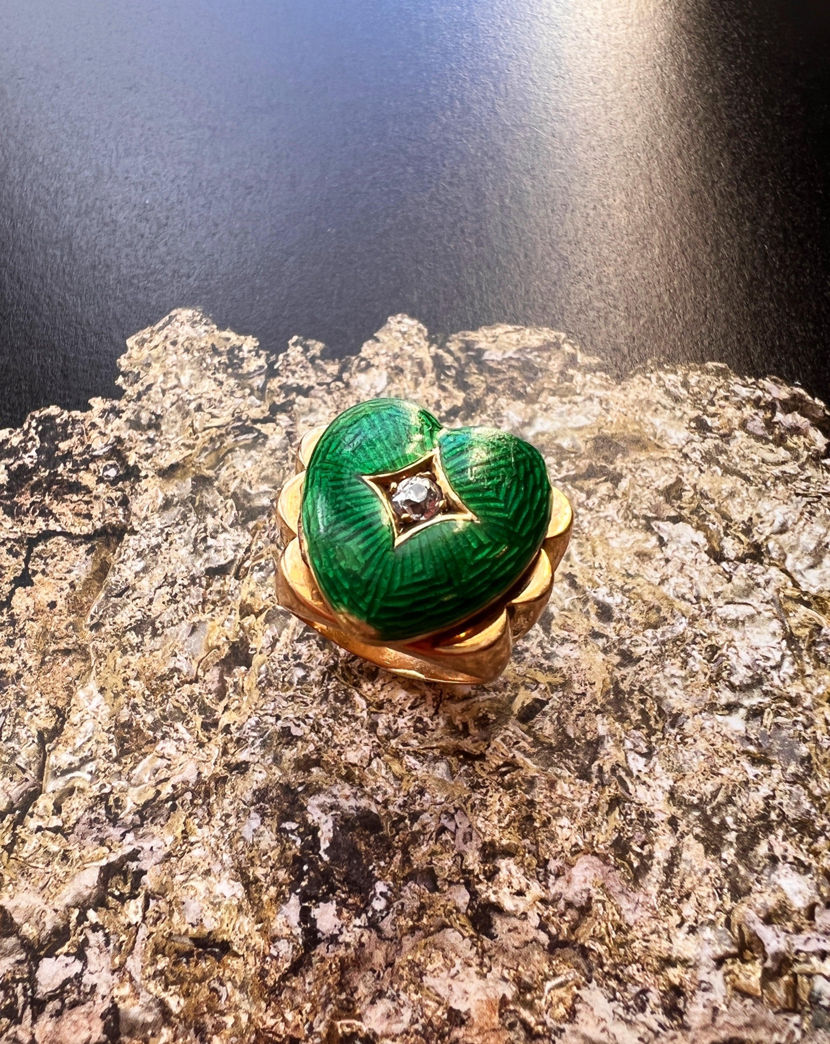 Lovely French Vintage 1950s 18K gold Green Guilloche Enamel Diamond heart tank ring - Curiously timeless