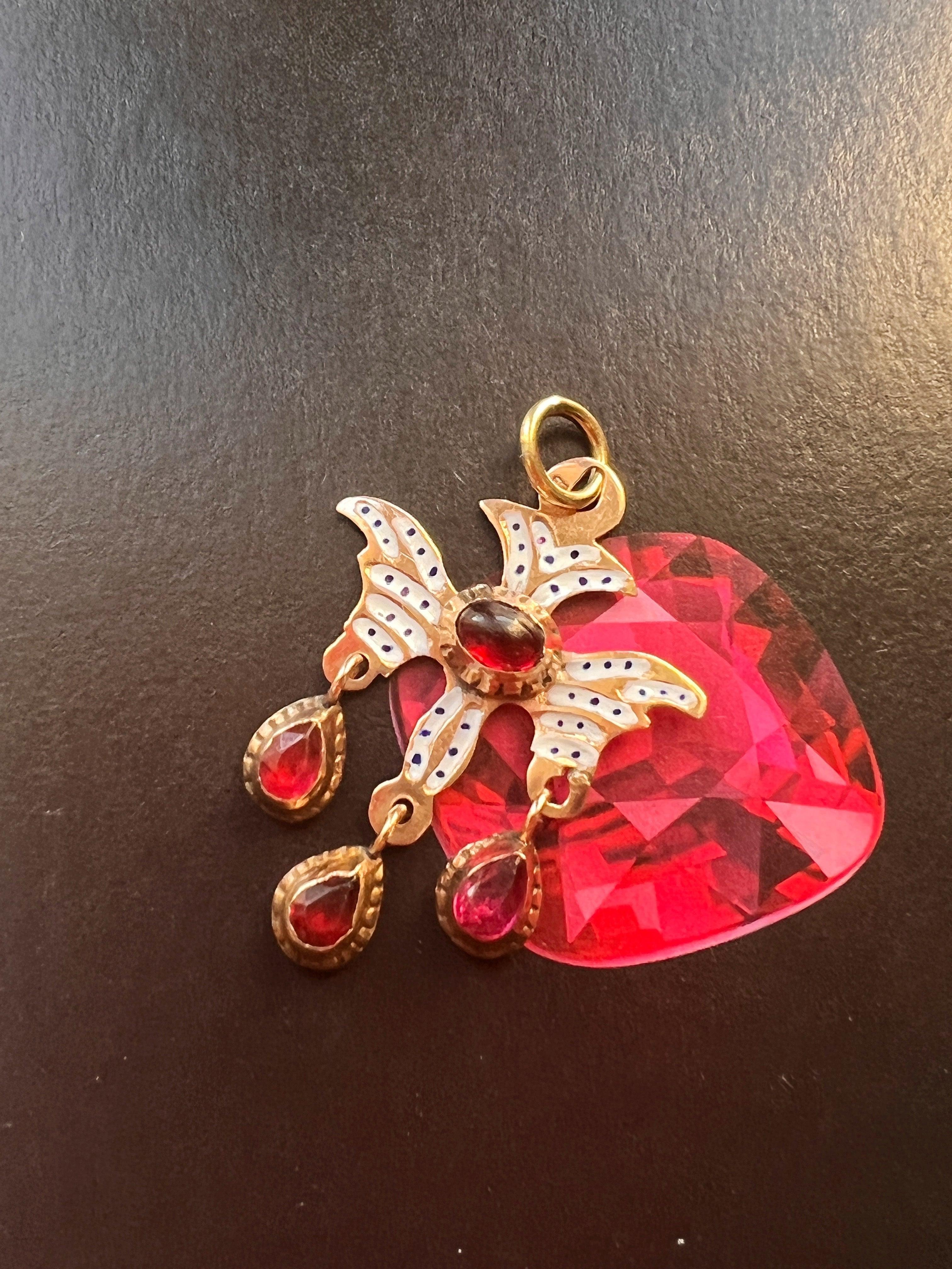 Rare & Beautiful French Antique 18k gold enameled garnet Saint Esprit Holy Spirit pendant - Curiously timeless