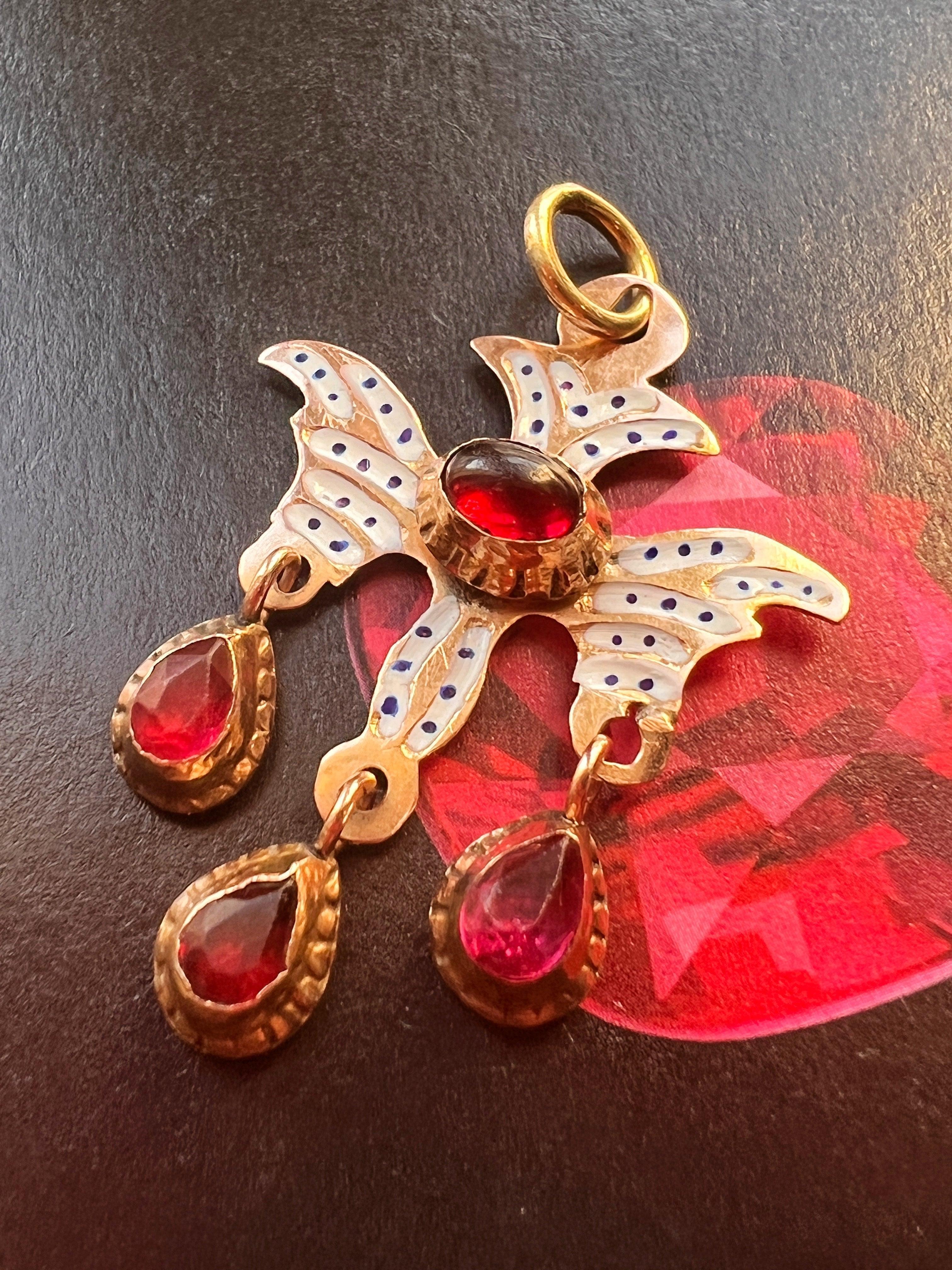 Rare & Beautiful French Antique 18k gold enameled garnet Saint Esprit Holy Spirit pendant - Curiously timeless