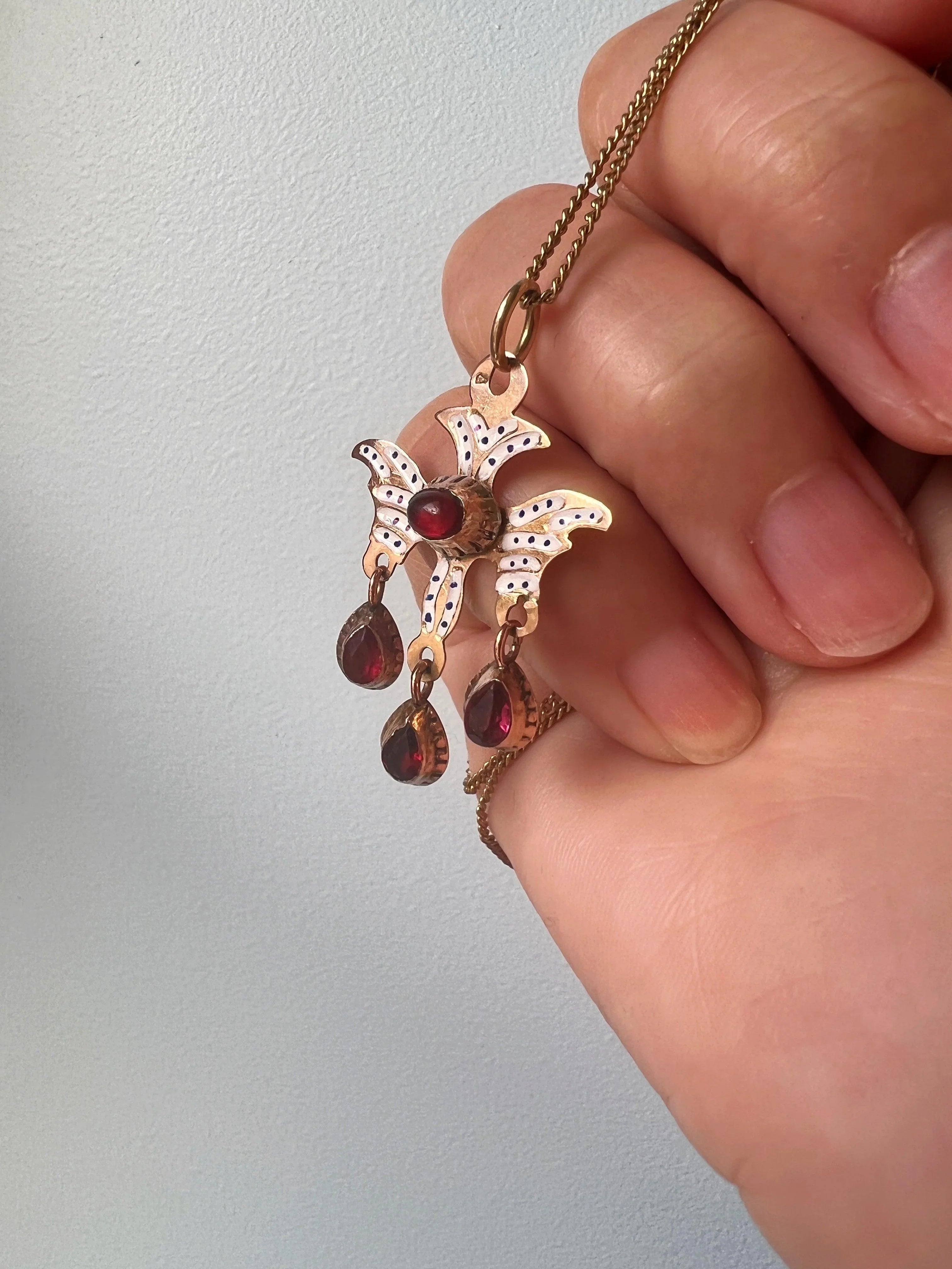 Rare & Beautiful French Antique 18k gold enameled garnet Saint Esprit Holy Spirit pendant - Curiously timeless