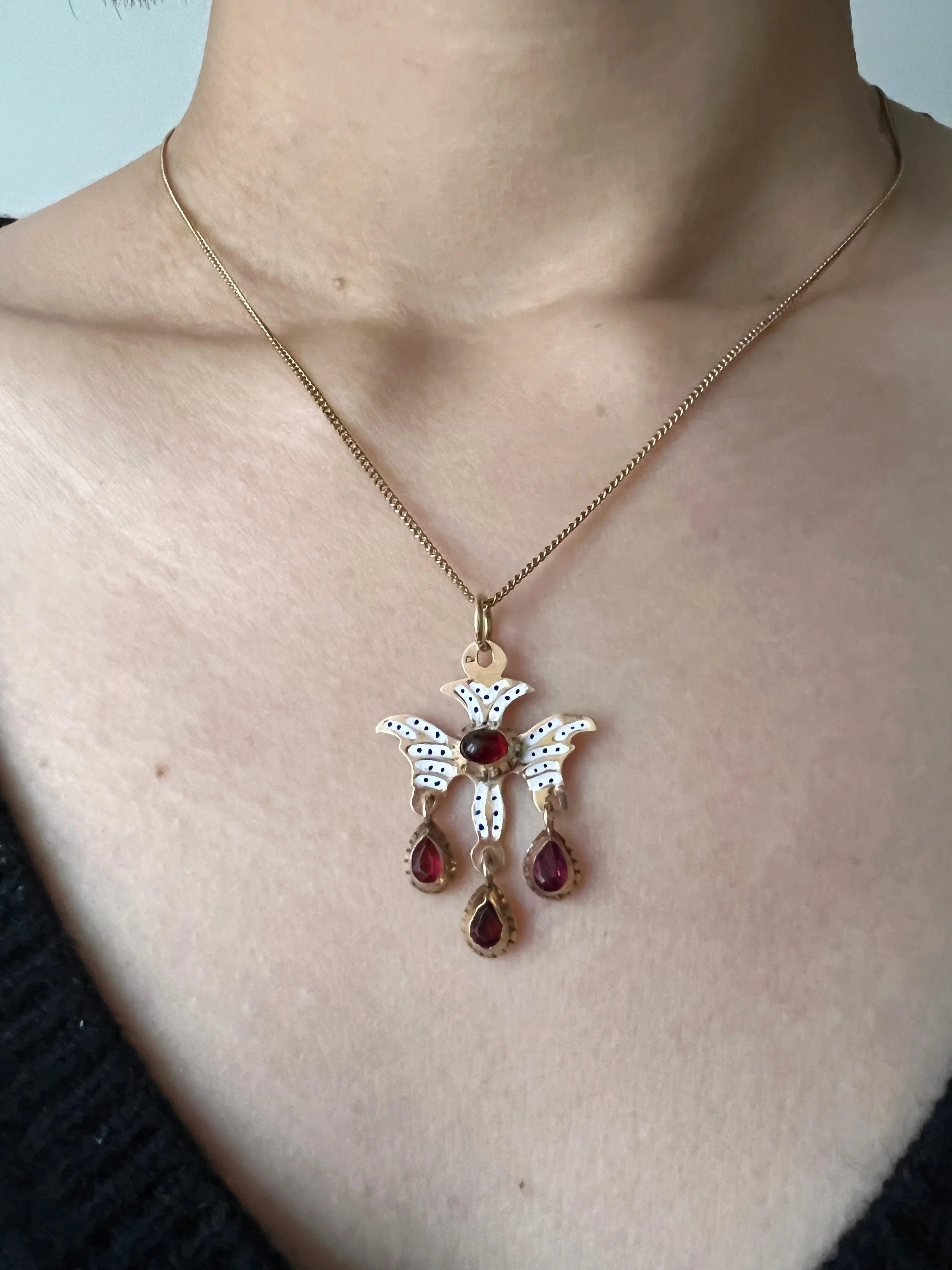 Rare & Beautiful French Antique 18k gold enameled garnet Saint Esprit Holy Spirit pendant - Curiously timeless