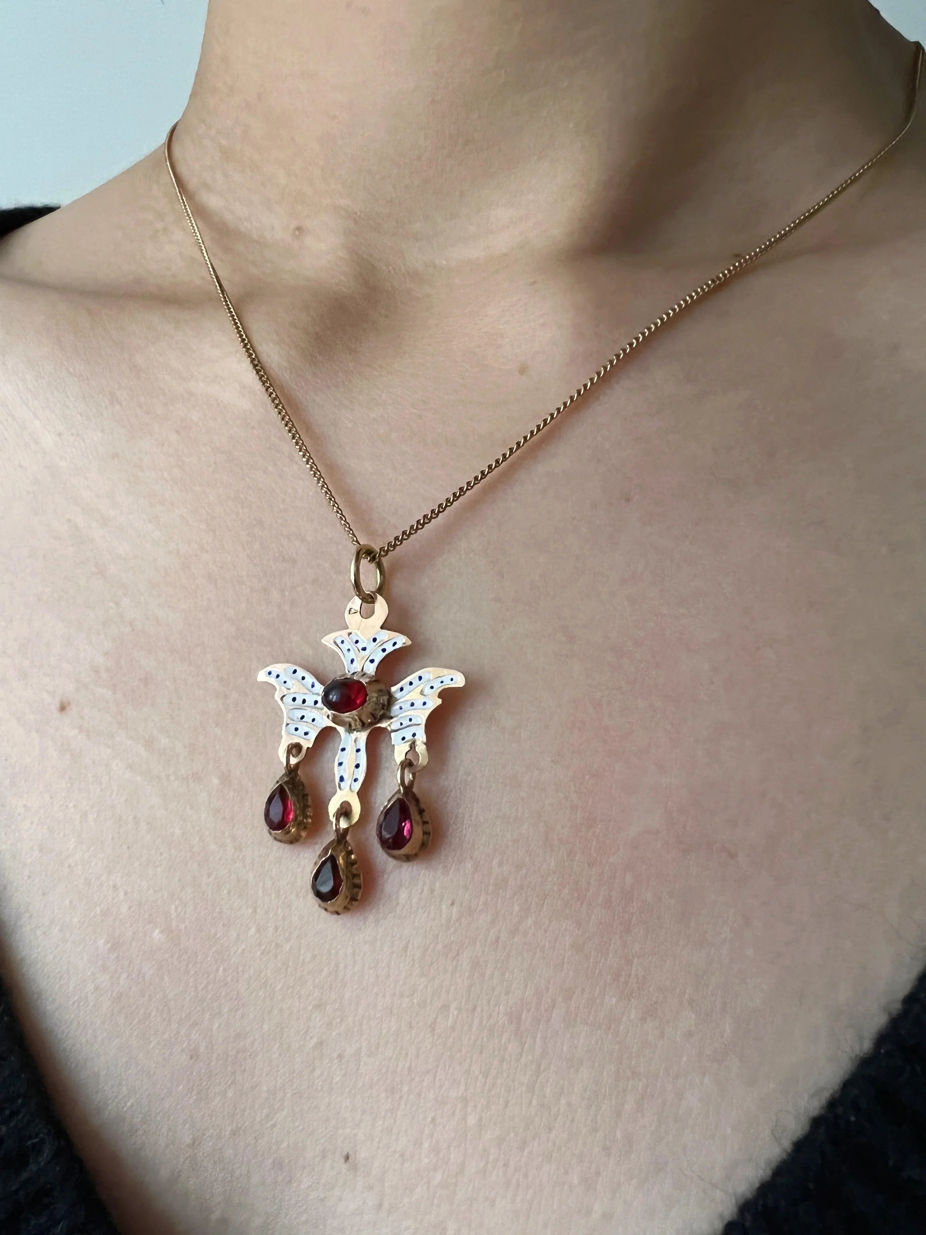 Rare & Beautiful French Antique 18k gold enameled garnet Saint Esprit Holy Spirit pendant - Curiously timeless