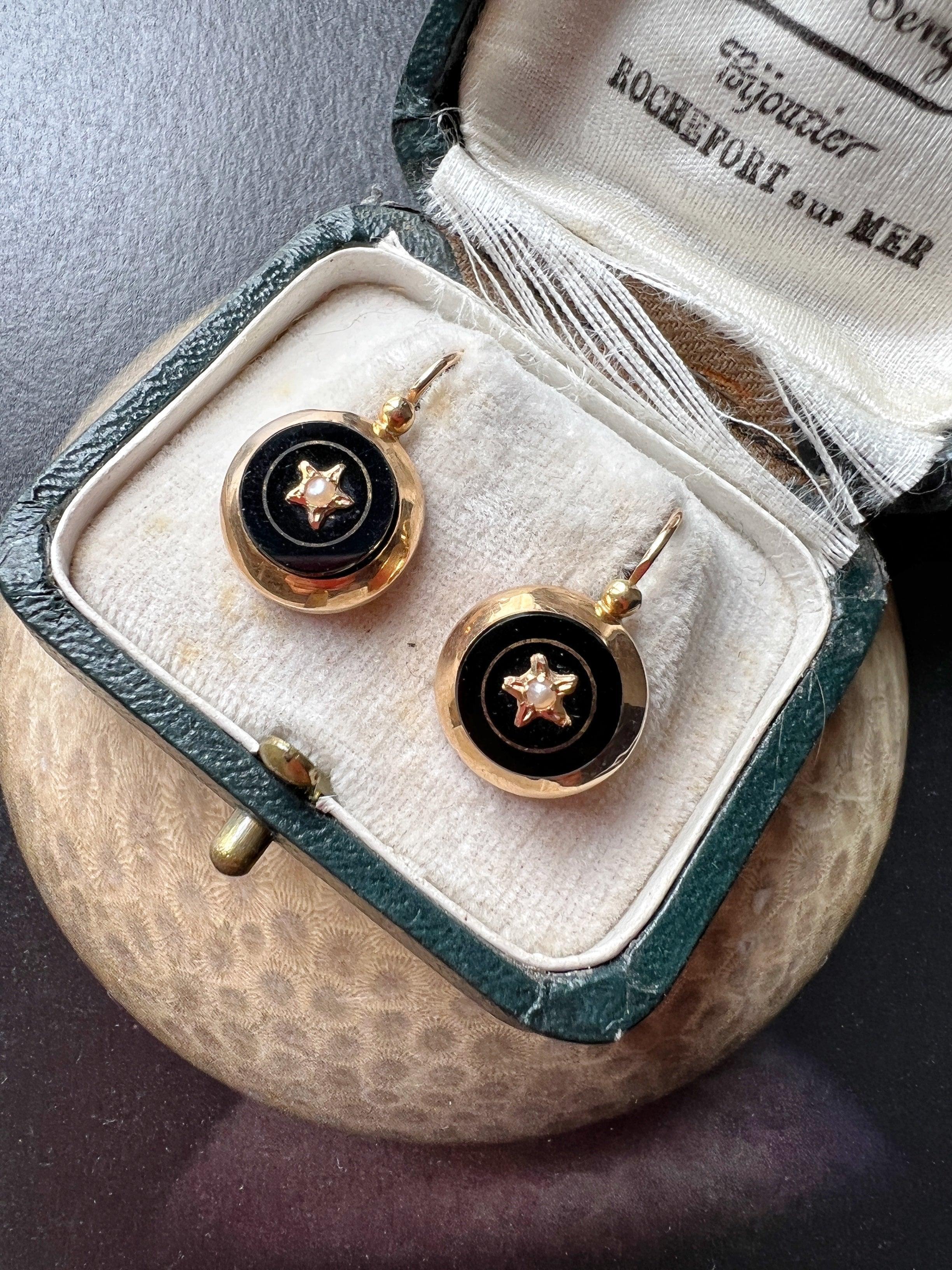 French antique 18k gold Onyx seed pearl star sleeper earrings - Curiously timeless