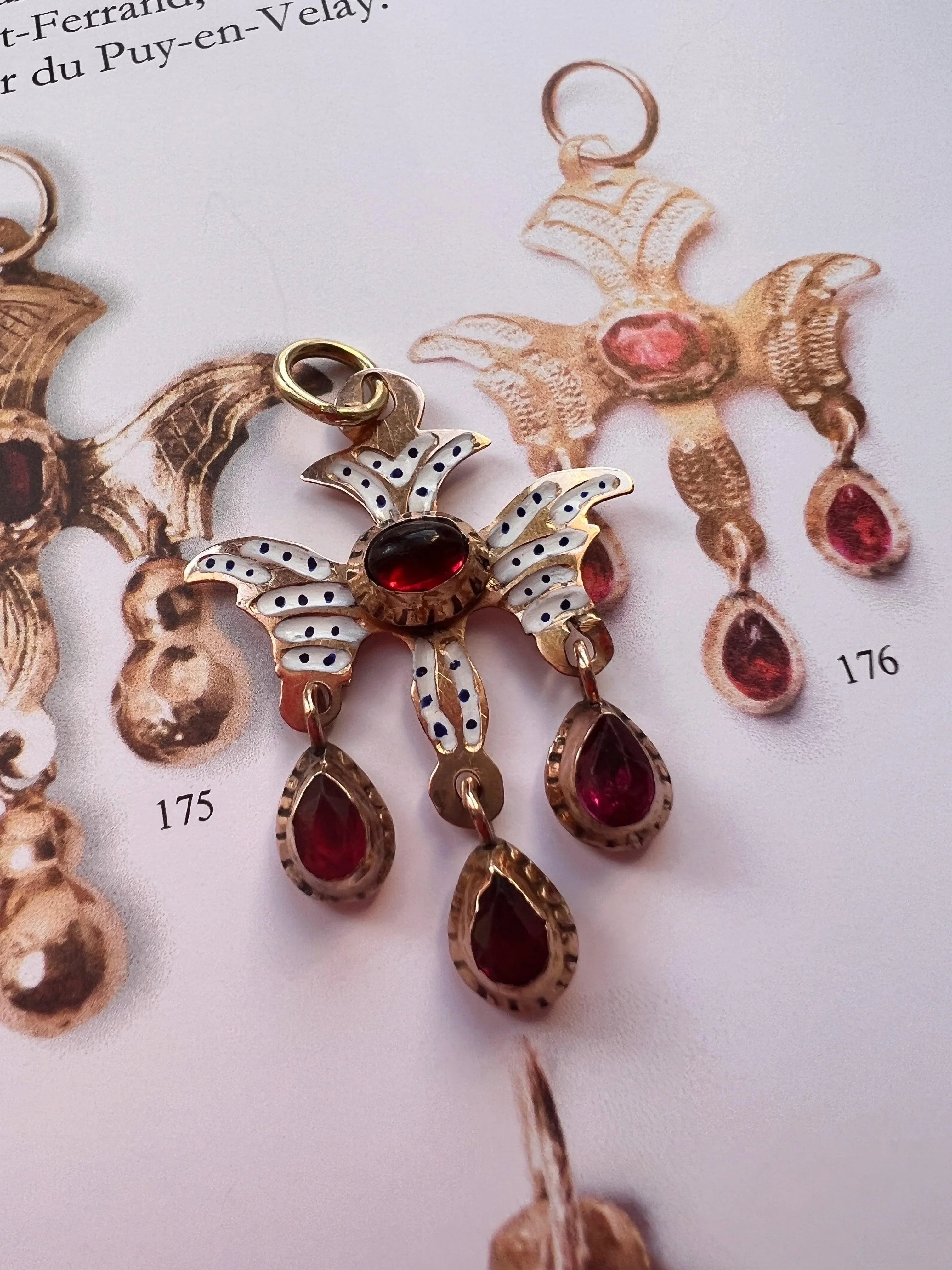 Rare & Beautiful French Antique 18k gold enameled garnet Saint Esprit Holy Spirit pendant - Curiously timeless